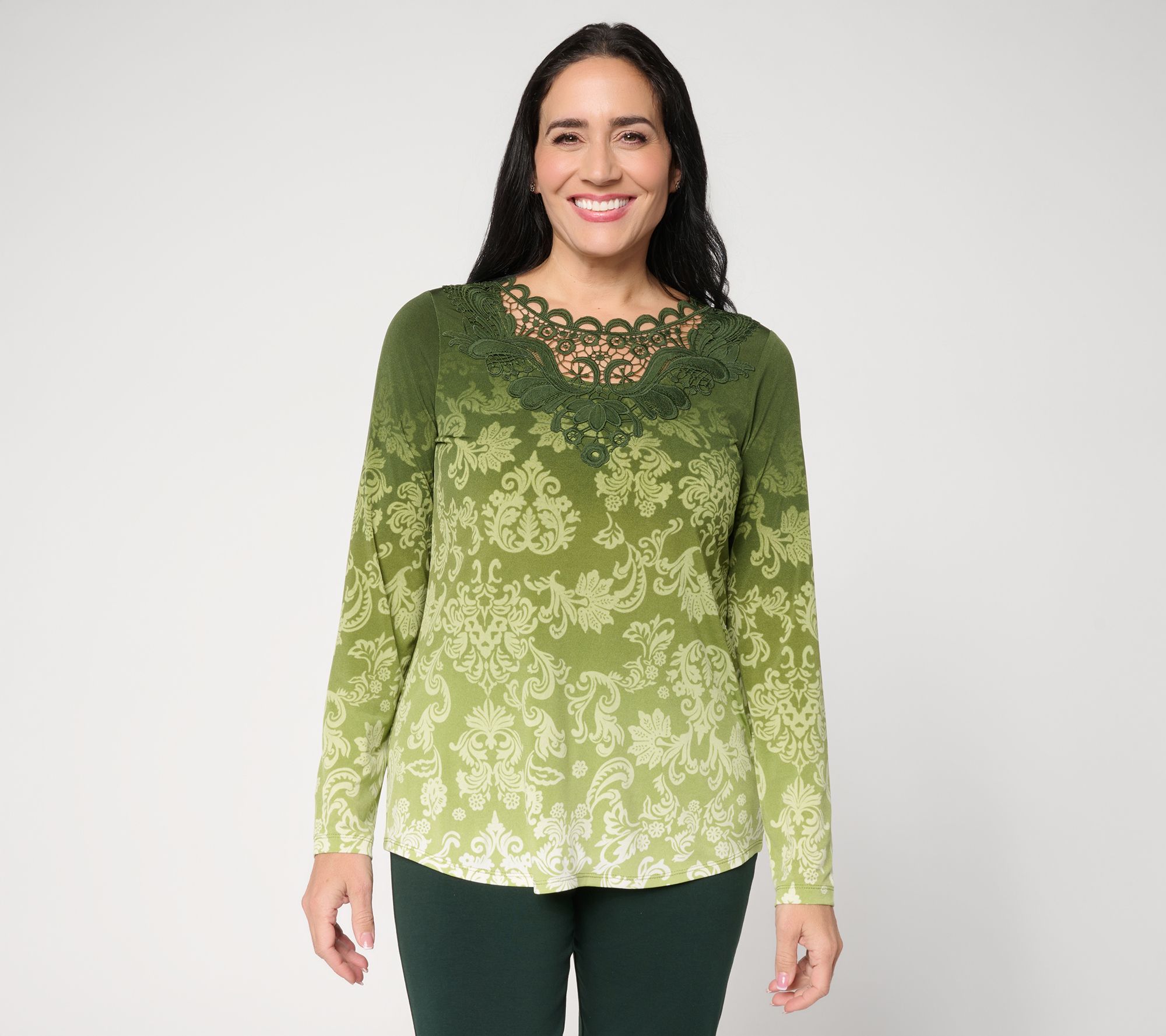 Susan Graver Regular Printed Liquid Knit Top with Lace Applique