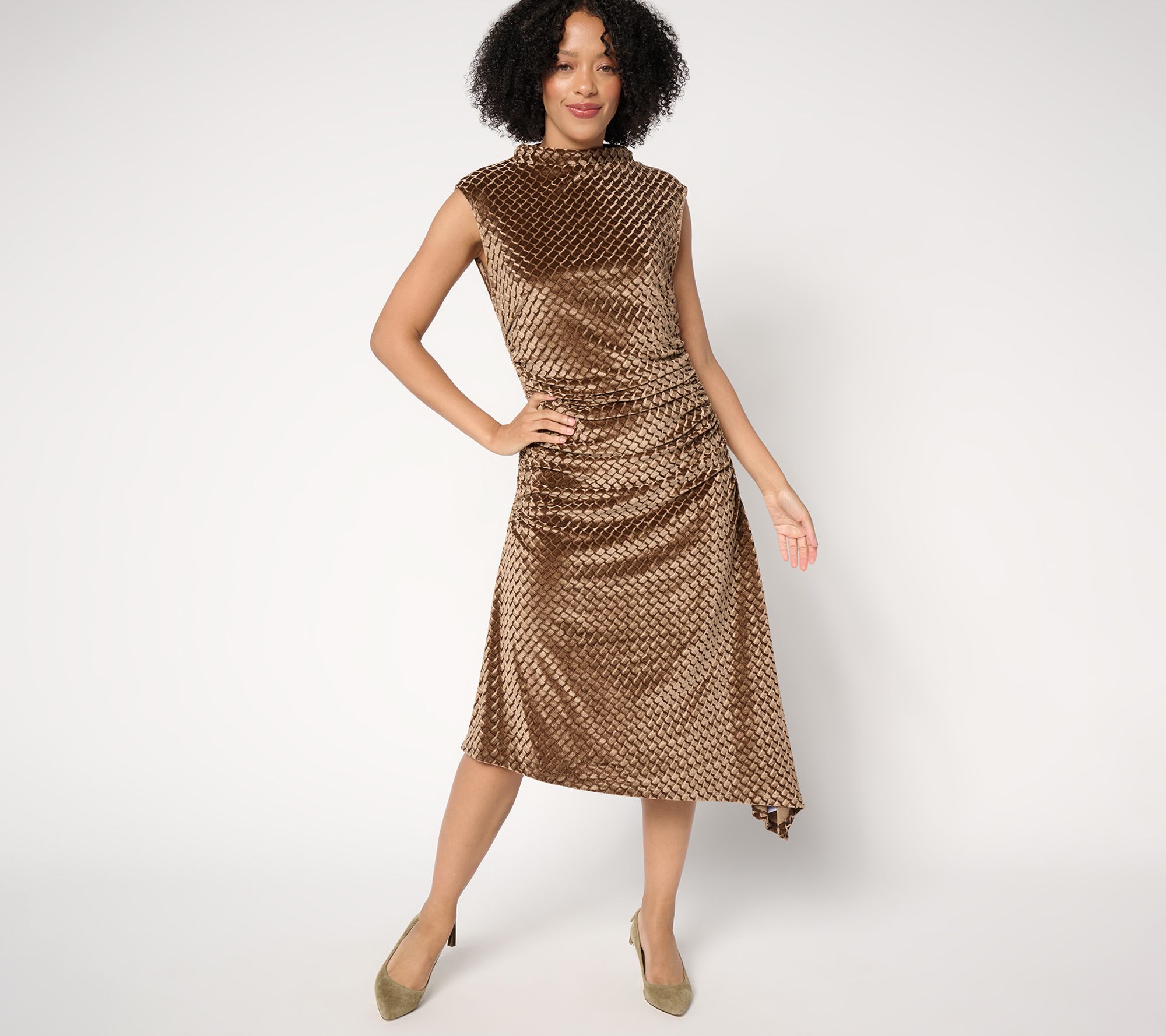 "As Is" Destination 365 Regular Velvet Mock Neck Side Gathered Dress