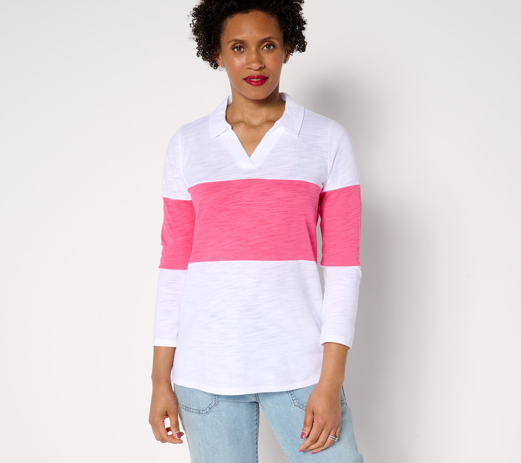 Belle by Kim Gravel Pop of Color Center Stripe Polo Top