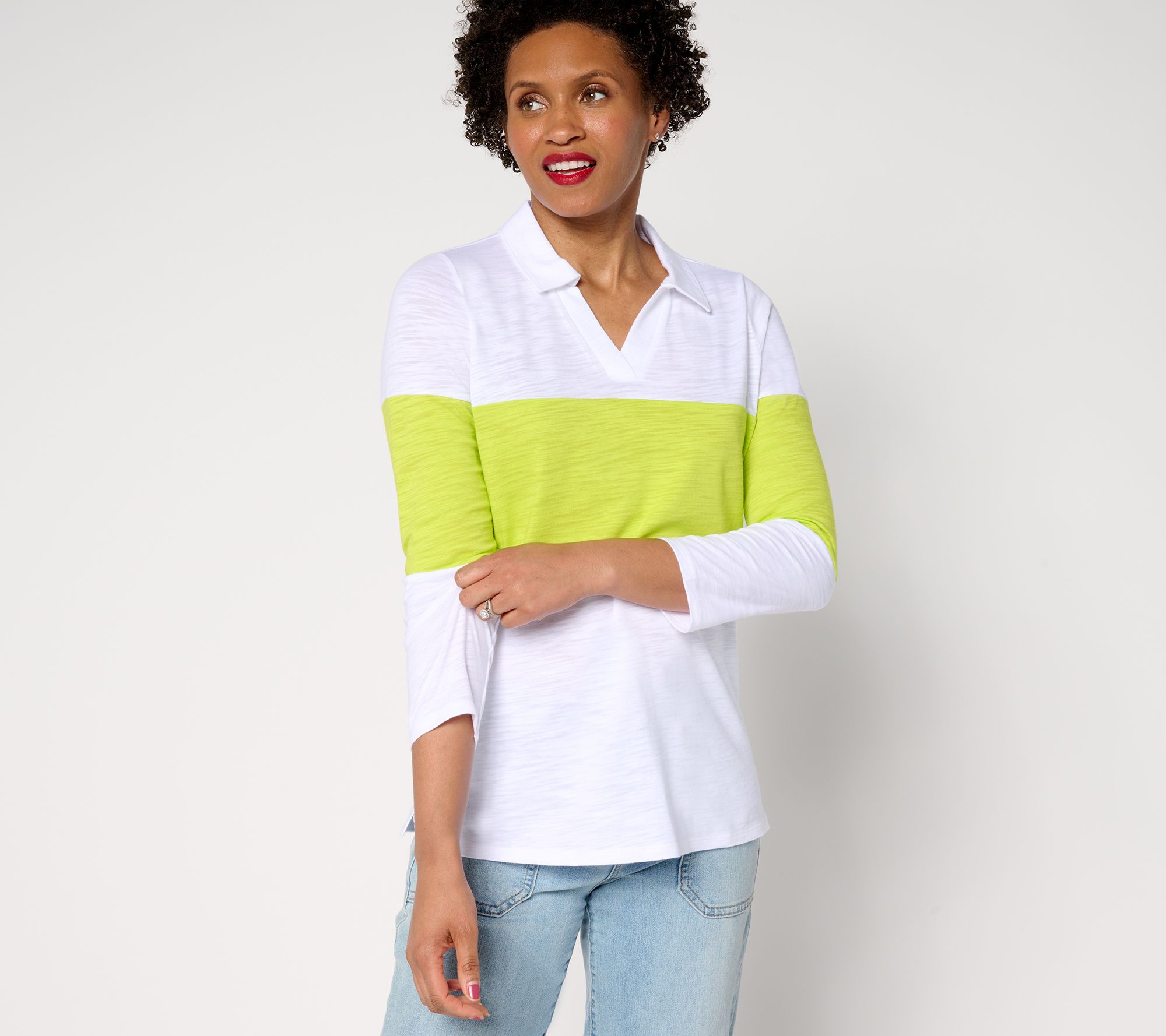 Belle by Kim Gravel Pop of Color Center Stripe Polo Top