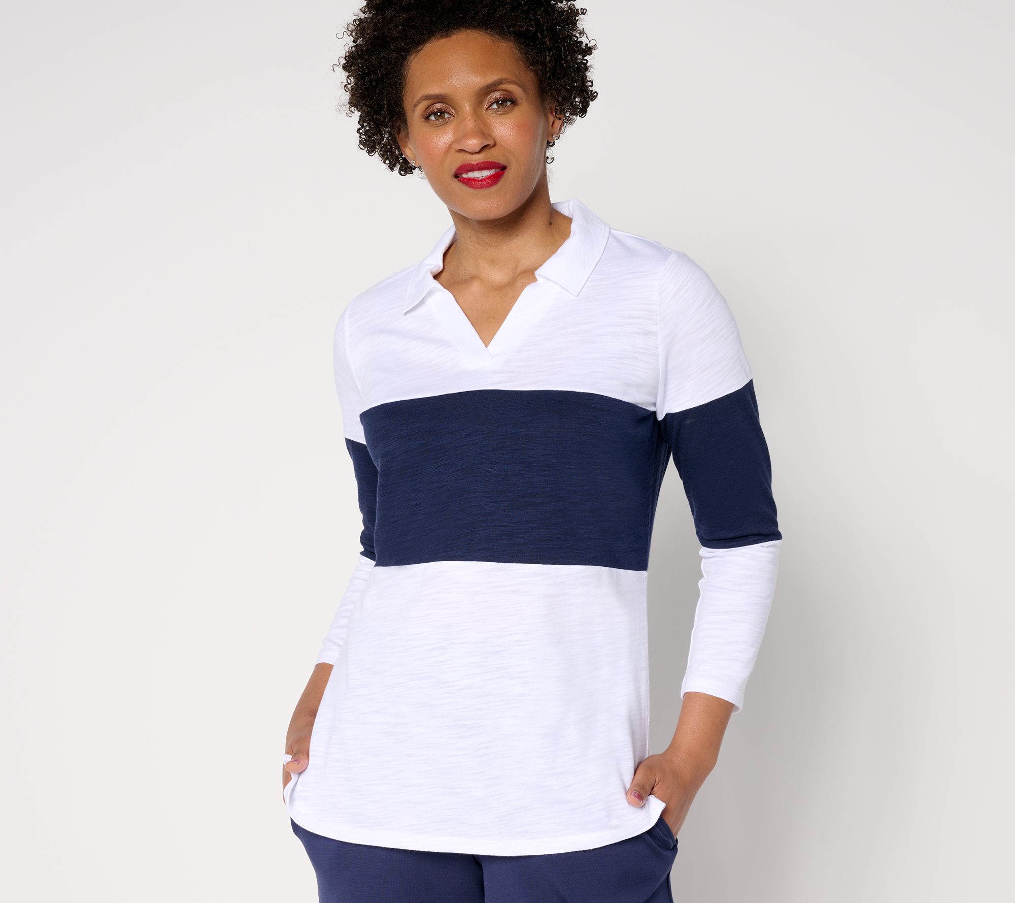 Belle by Kim Gravel Pop of Color Center Stripe Polo Top