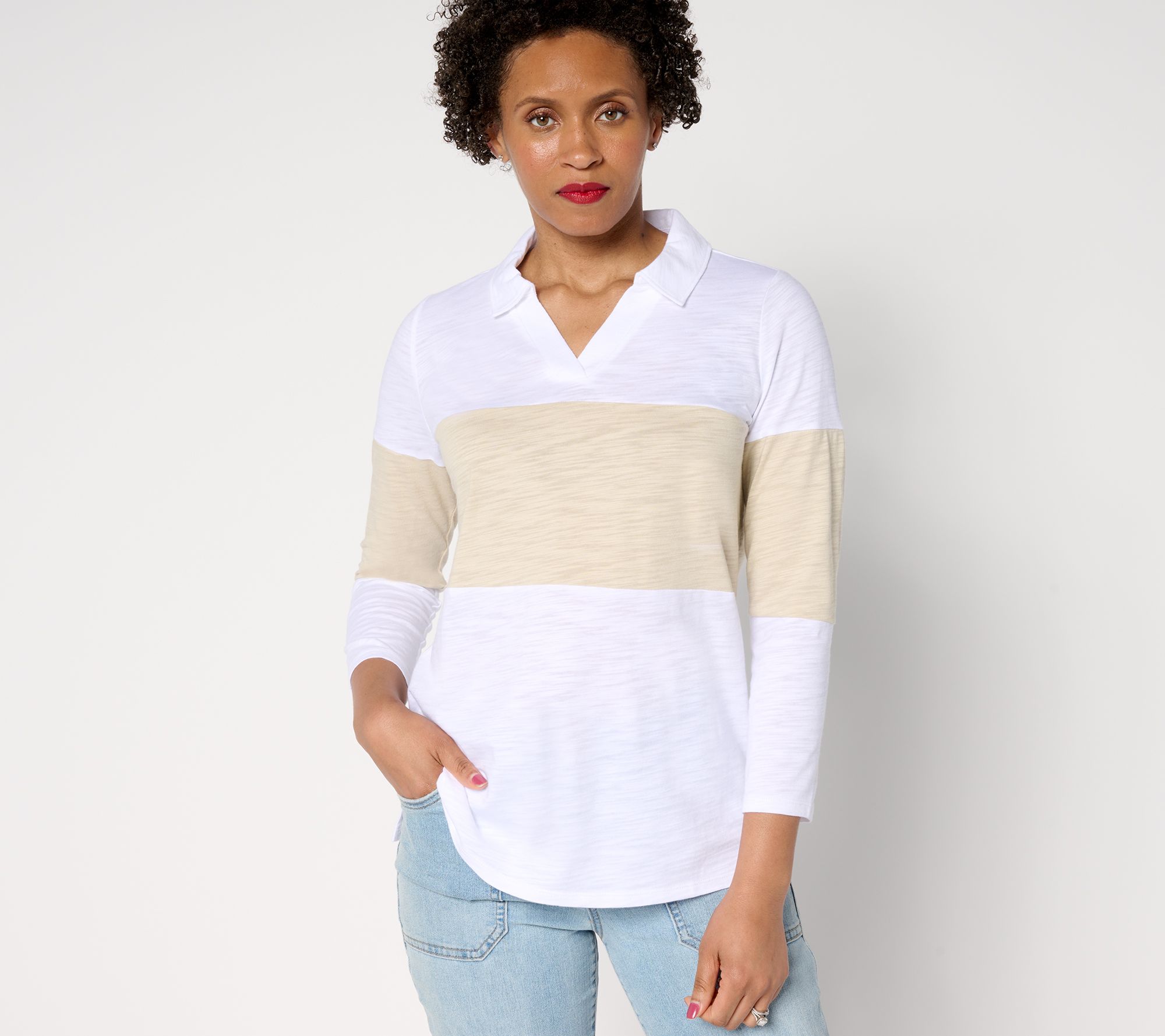 Belle by Kim Gravel Pop of Color Center Stripe Polo Top