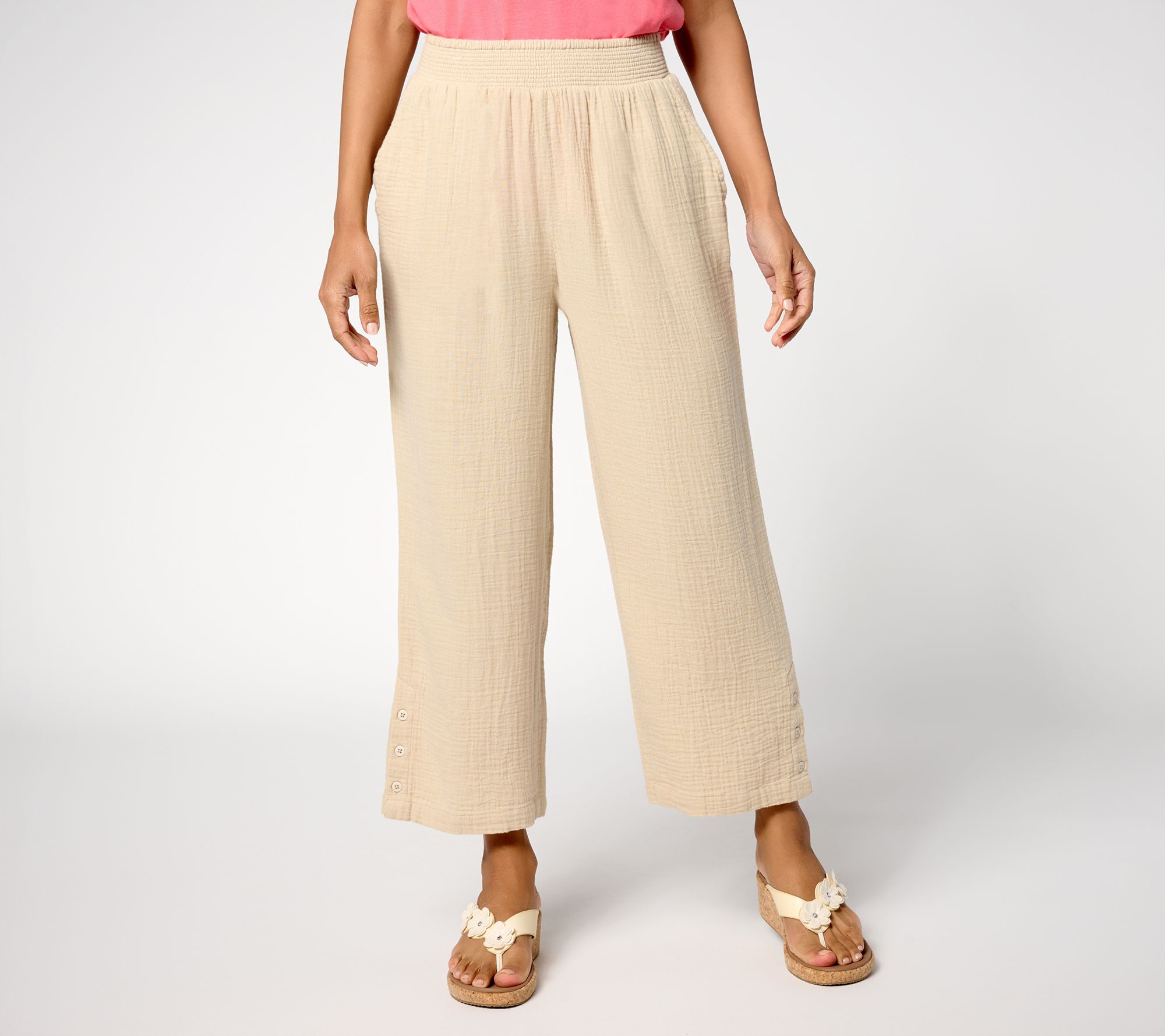 Susan Graver PURE Regular Getaway Gauze Wide Leg Crop Pants w/Buttons