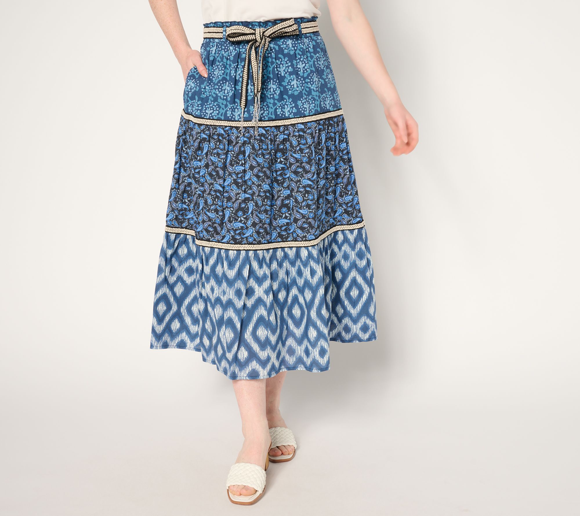 Susan Graver PURE Printed Cotton Tiered Skirt with Belt