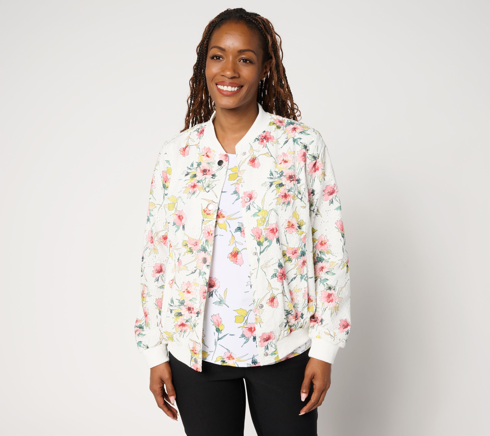 nicole by Nicole Miller 100% Cotton Printed Eyelet Bomber Jacket