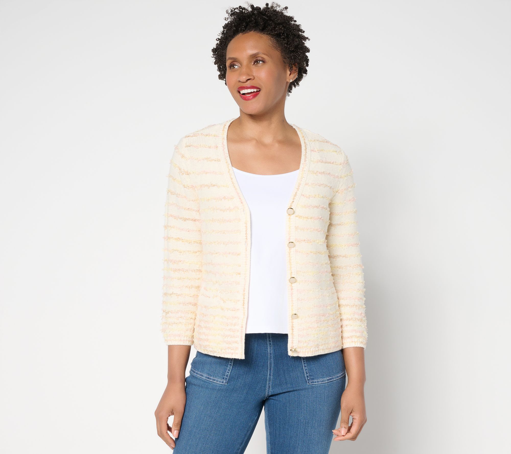 Isaac Mizrahi Live! Stripe Eyelash Yarn Button Front Cardigan