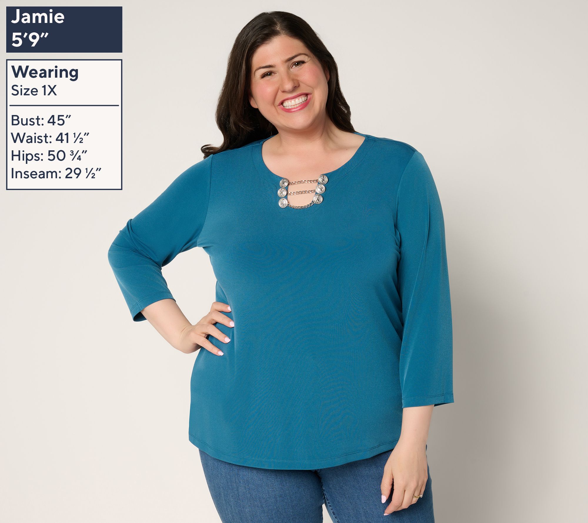 Susan Graver Liquid Knit 3/4-Sleeve Top w/ Chain Detail