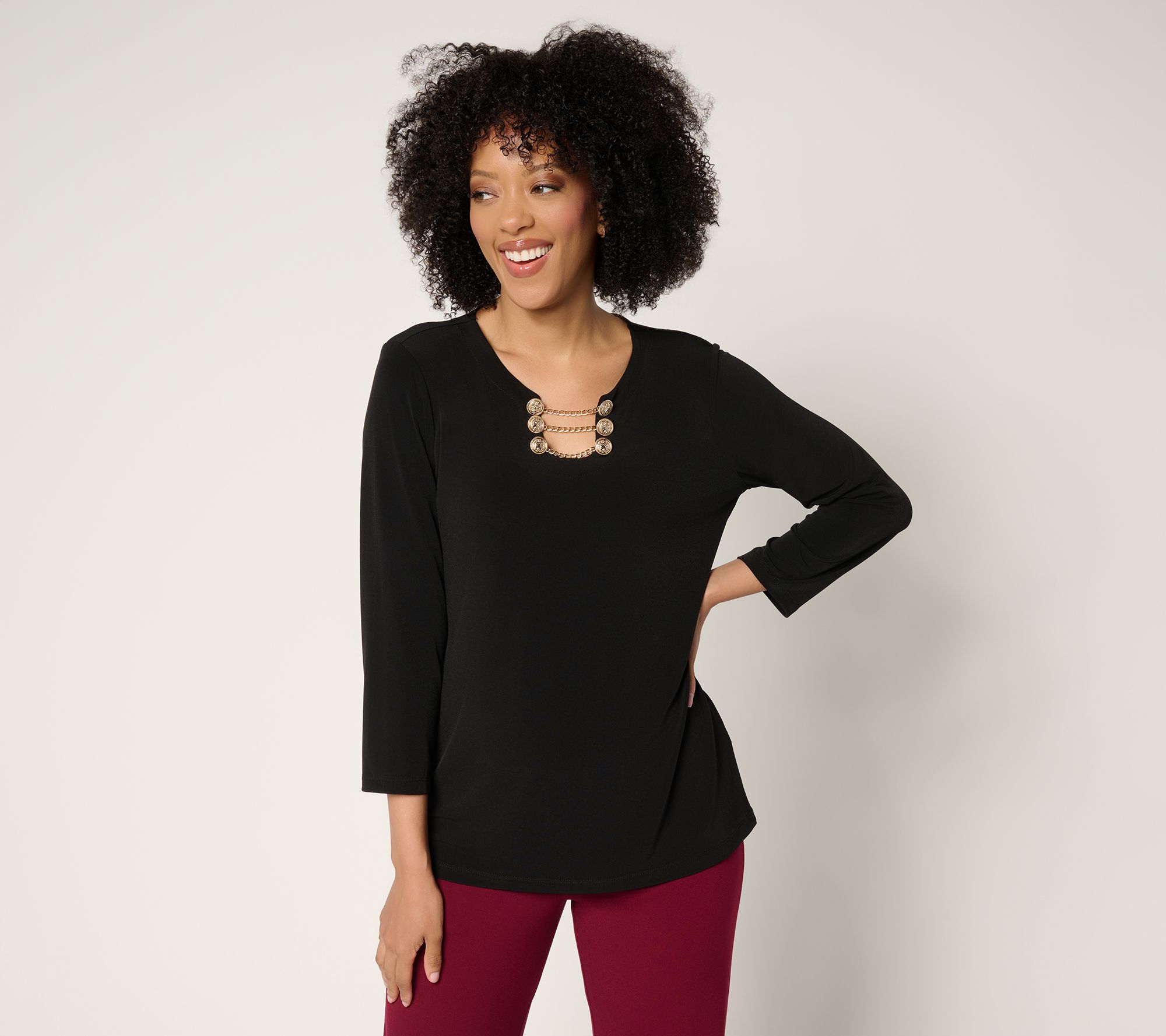Susan Graver Liquid Knit 3/4-Sleeve Top w/ Chain Detail