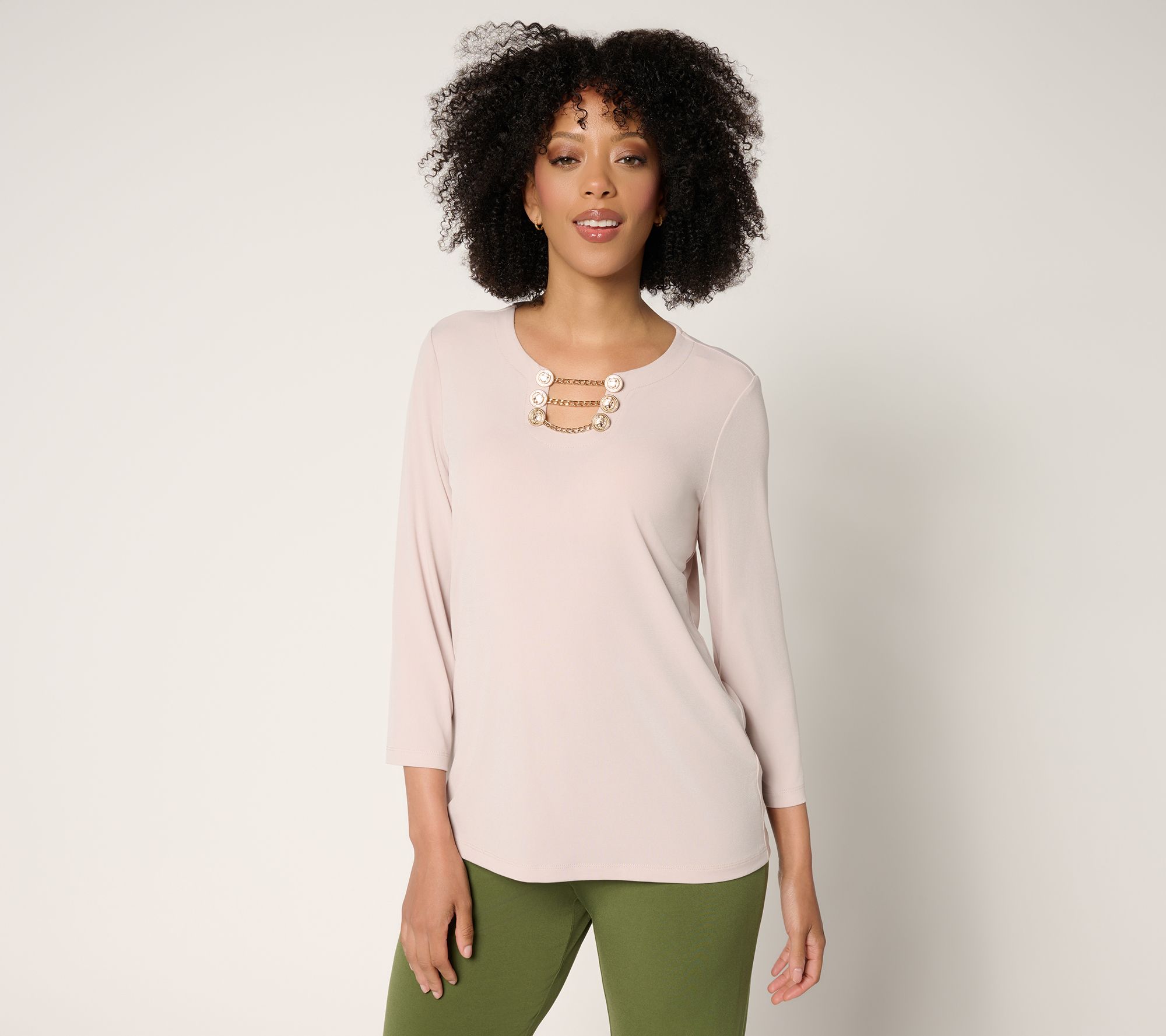 Susan Graver Liquid Knit 3/4-Sleeve Top w/ Chain Detail