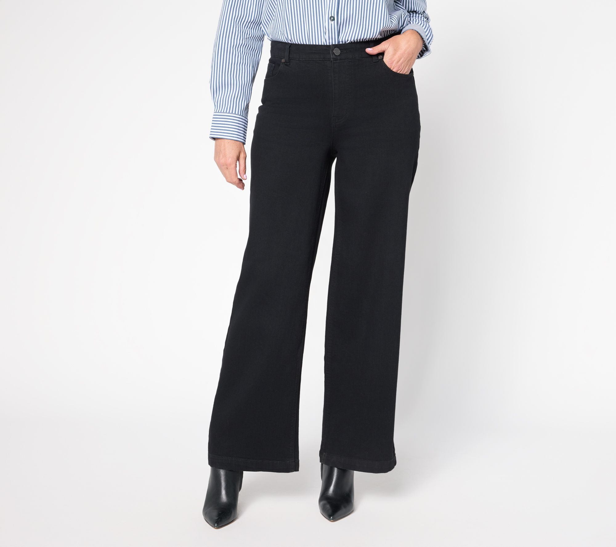 Susan Graver Petite Stretch Denim Wide Leg Pant - Black/Brown