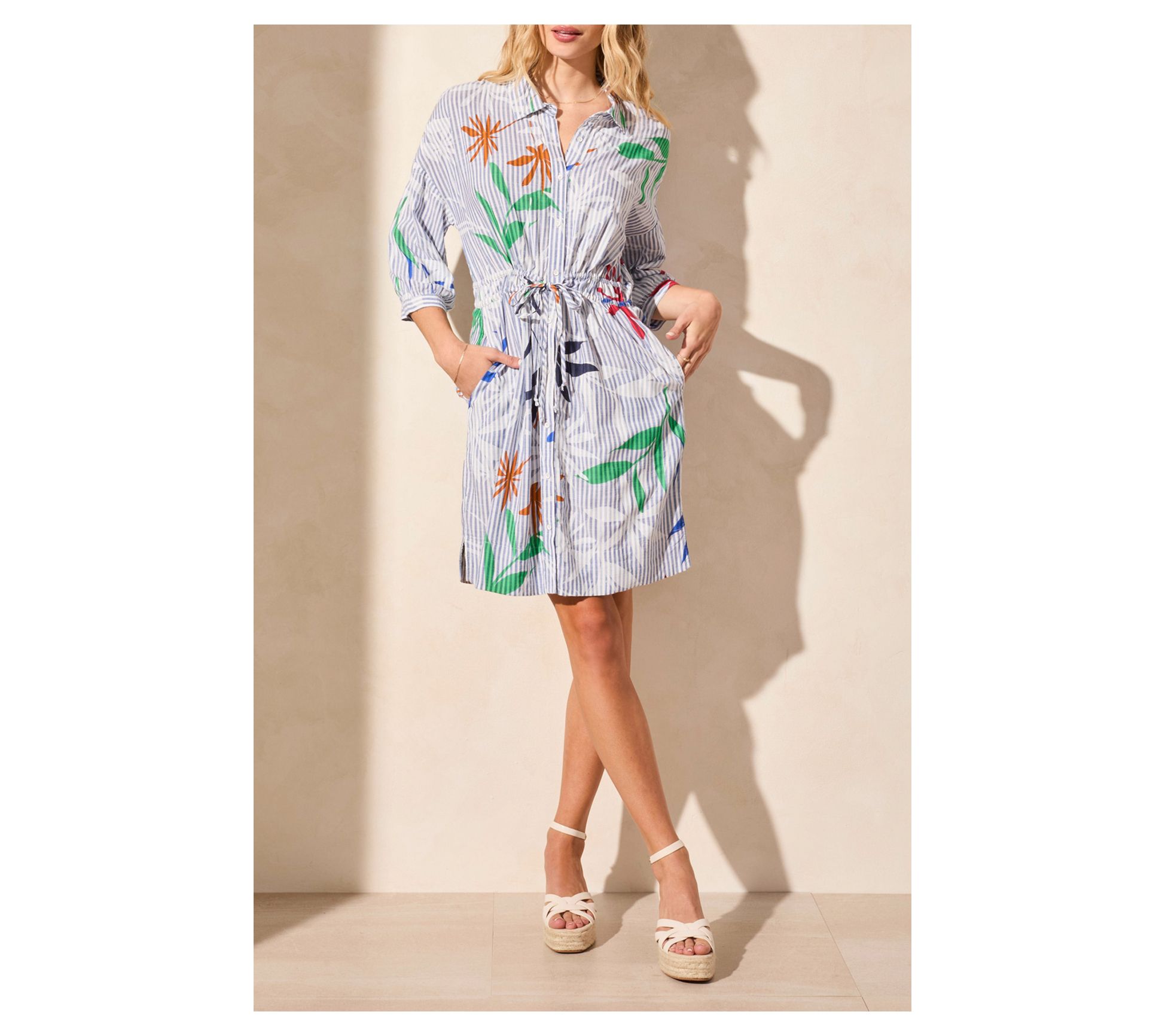 Tribal Water Print Tie-Waist Shirt Dress With Pockets