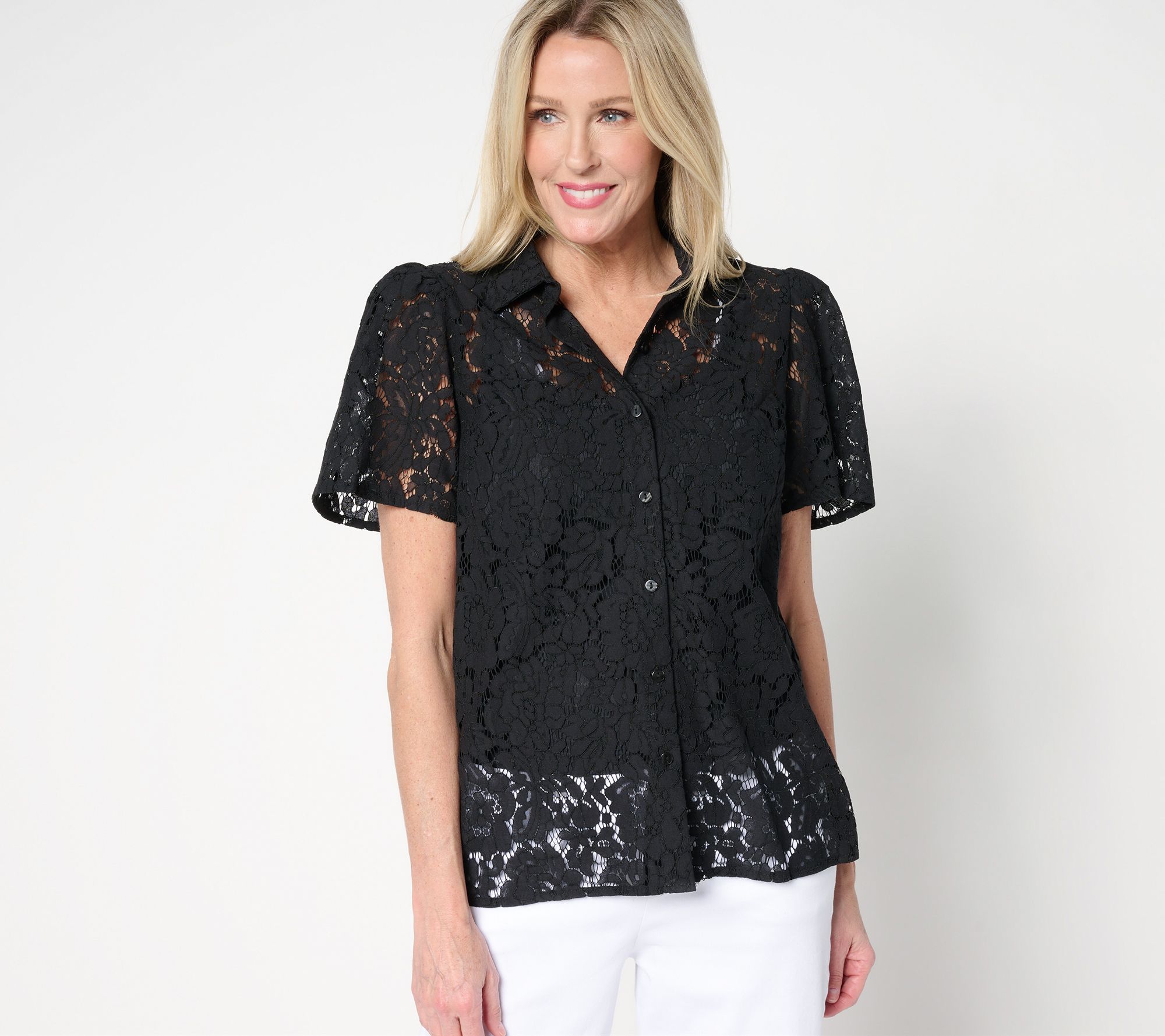 "As Is" Dennis Basso Flutter Sleeve Lace Camp Shirt