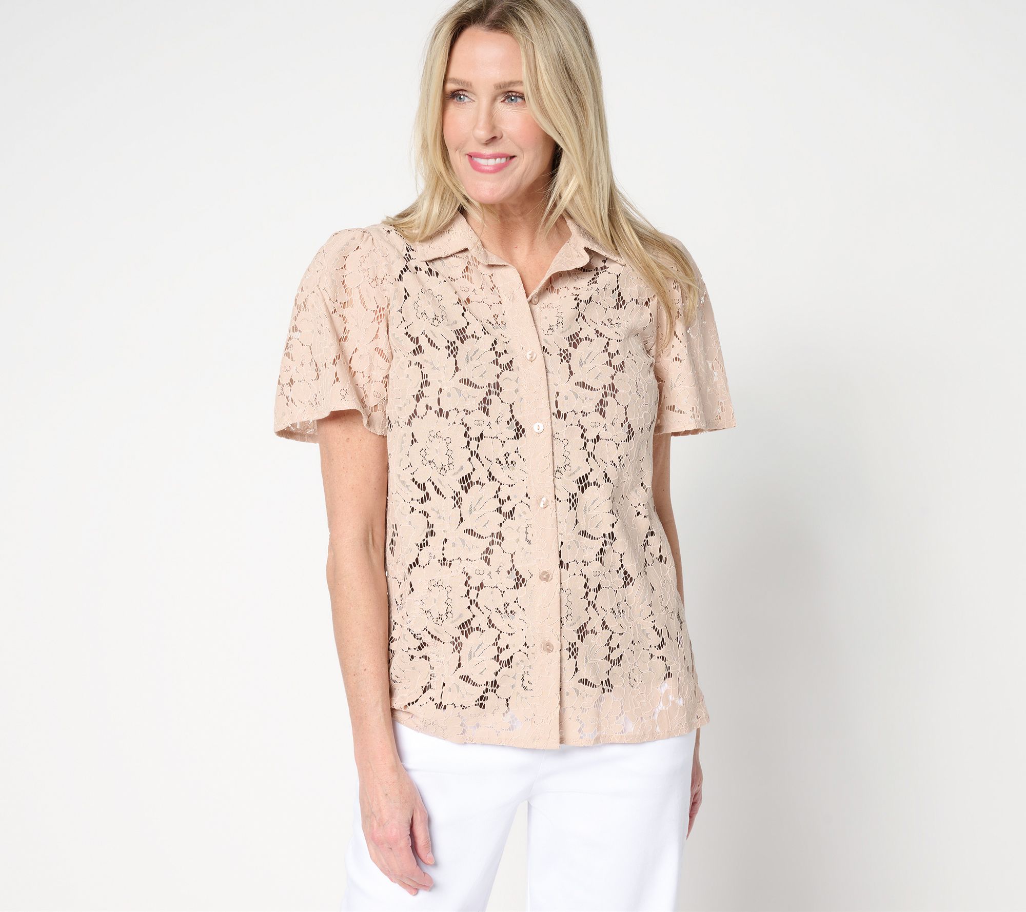 "As Is" Dennis Basso Flutter Sleeve Lace Camp Shirt