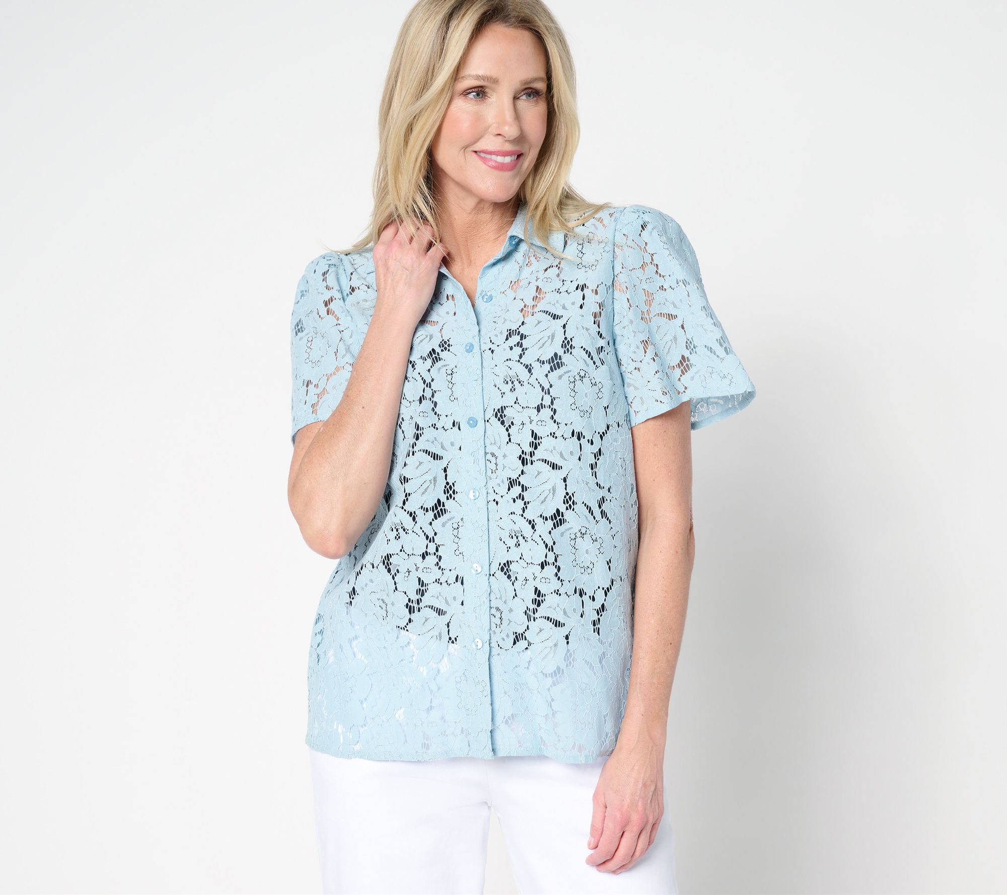 "As Is" Dennis Basso Flutter Sleeve Lace Camp Shirt