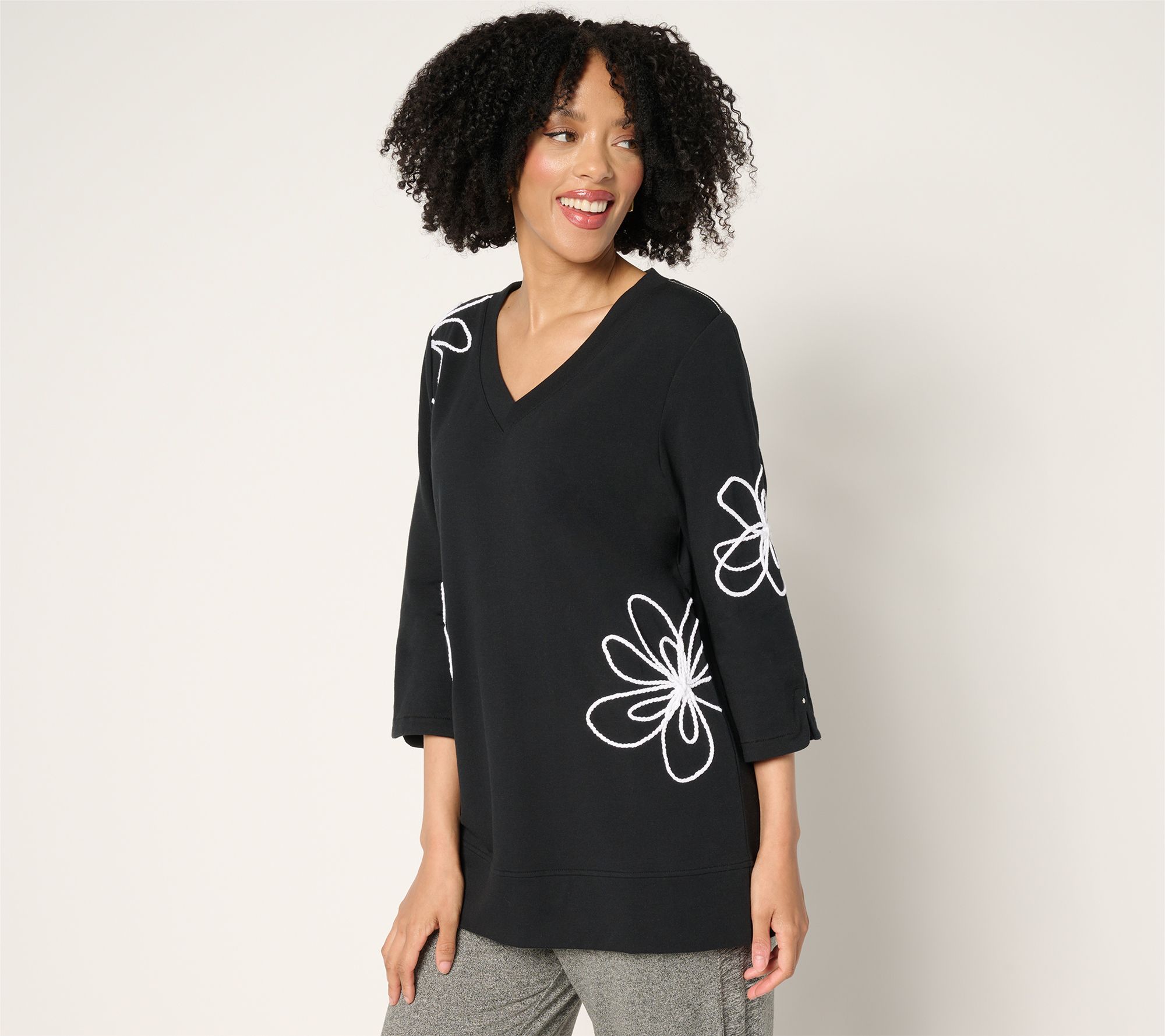 "As Is" Sport Savvy French Terry V-Neck Top with Floral Soutache