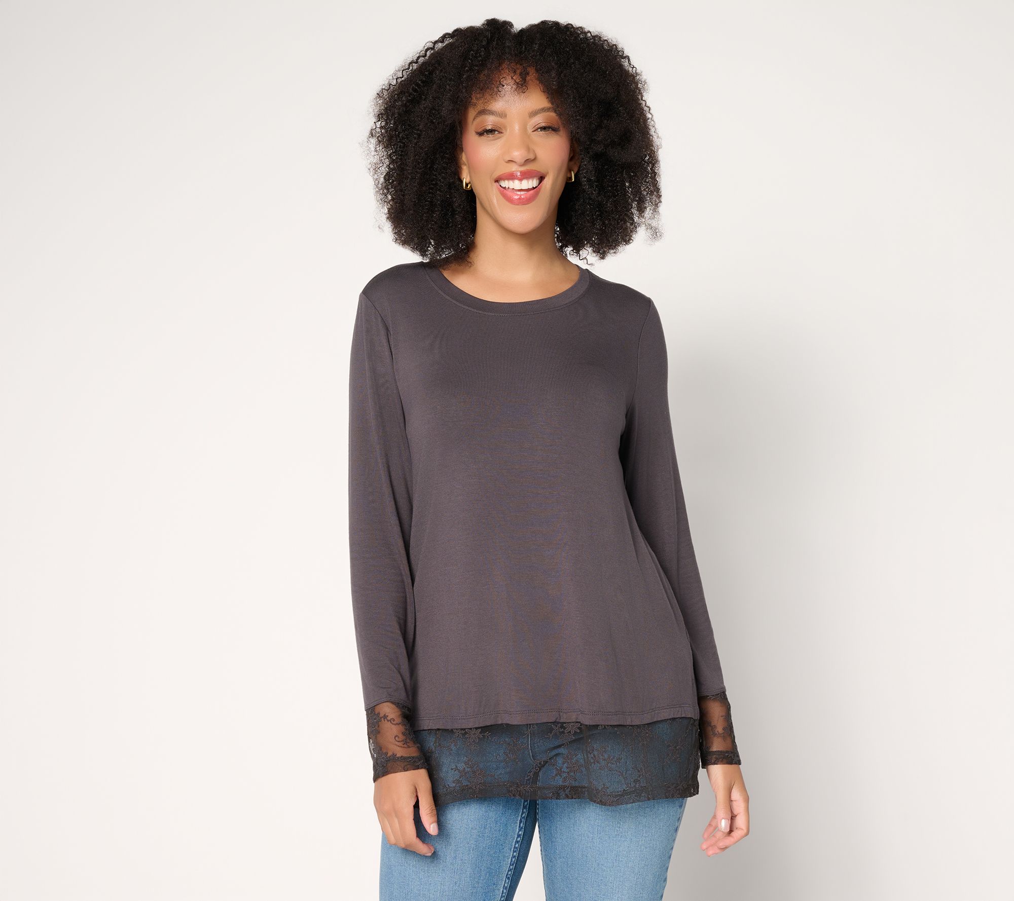 LOGO Layers by Lori Goldstein Long Sleeve Lace Trim Top