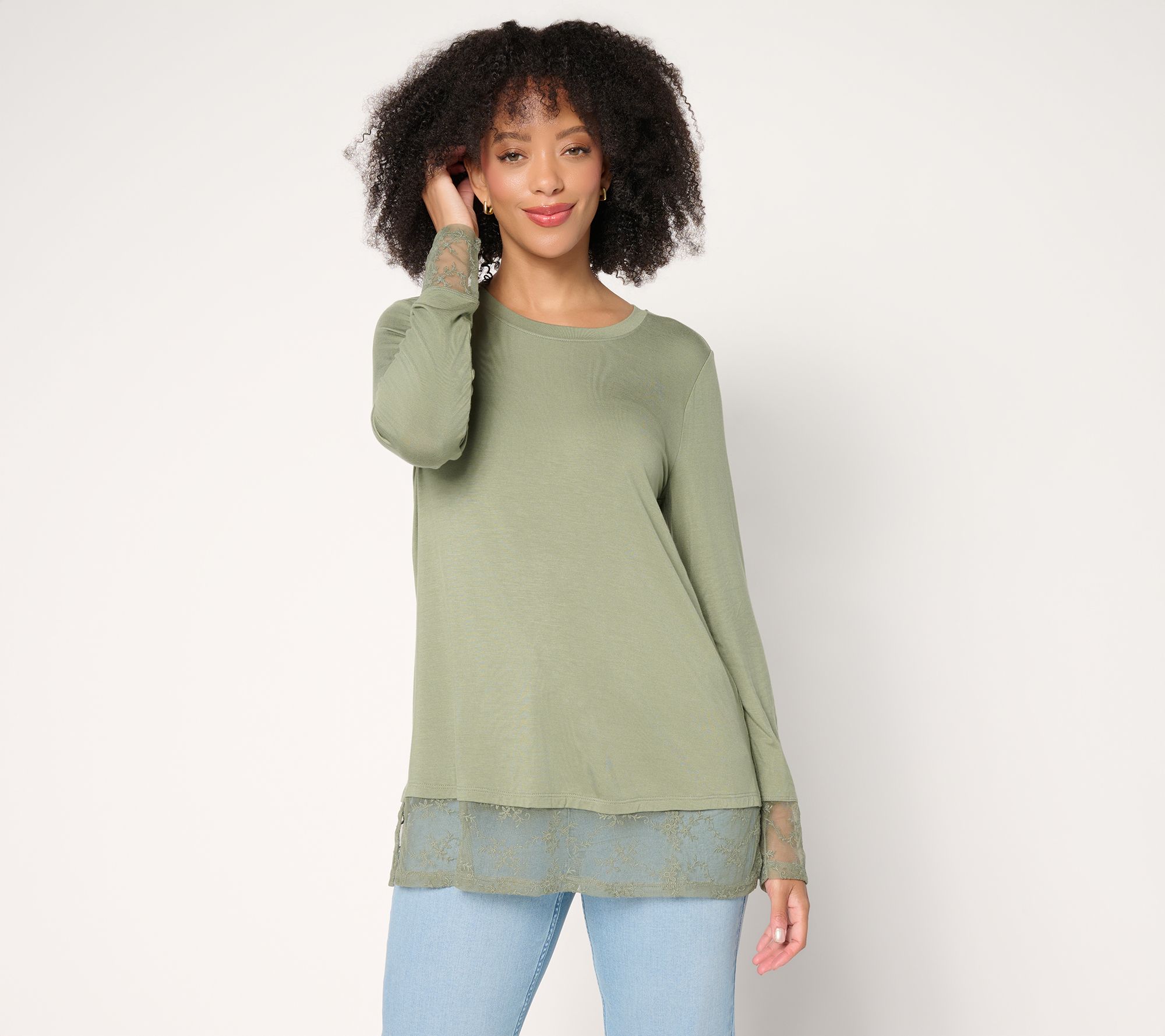 LOGO Layers by Lori Goldstein Long Sleeve Lace Trim Top