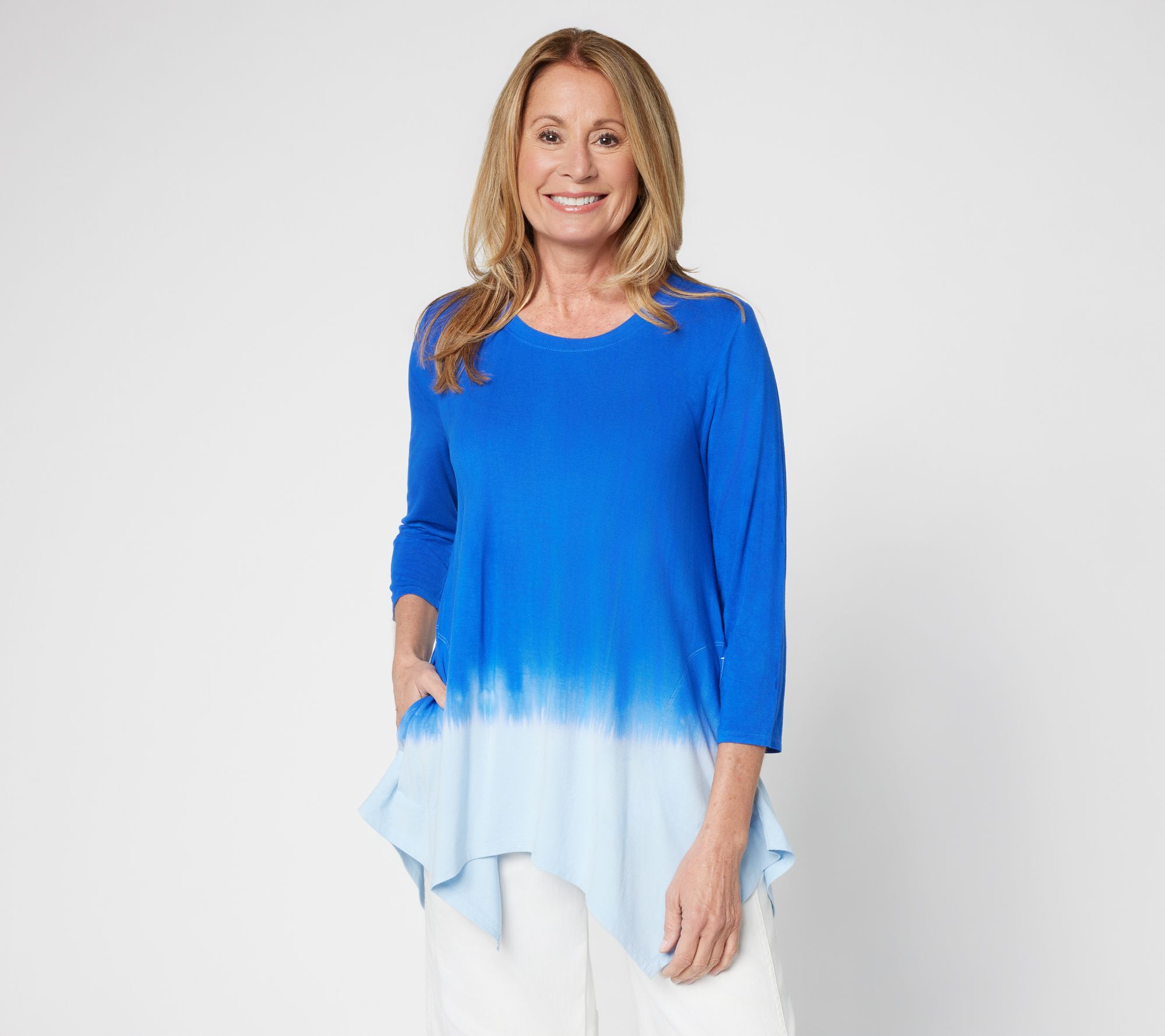 LOGO by Lori Goldstein Regular Dye Effect Scoop Neck 3/4 Tee