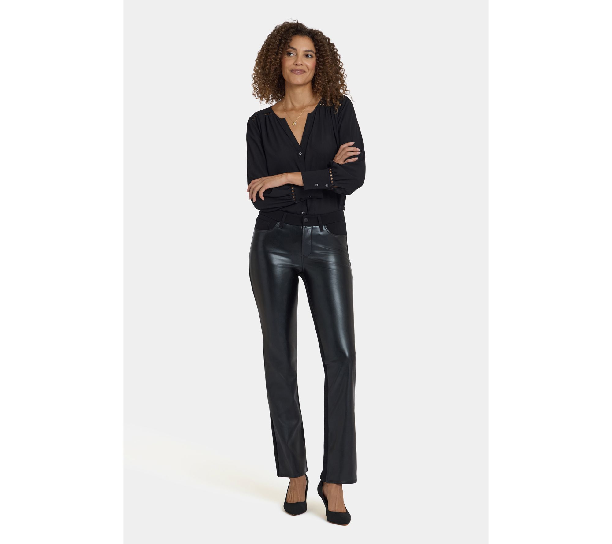 [NEAT] 名作 MARLING&EVANS CHECK SLACKS NYDJ Vegan Stretch Leather Marilyn Straight Pants - QVC.com