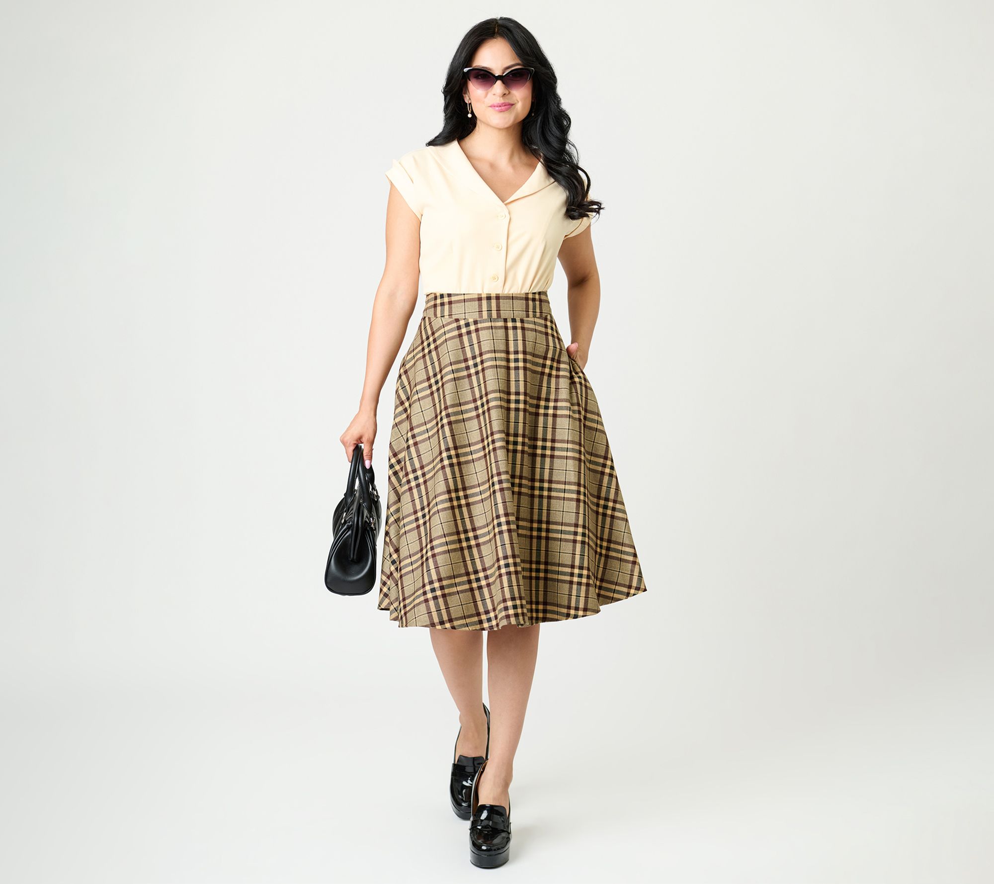 Unique Vintage Tan Plaid Vivian Swing Skirt