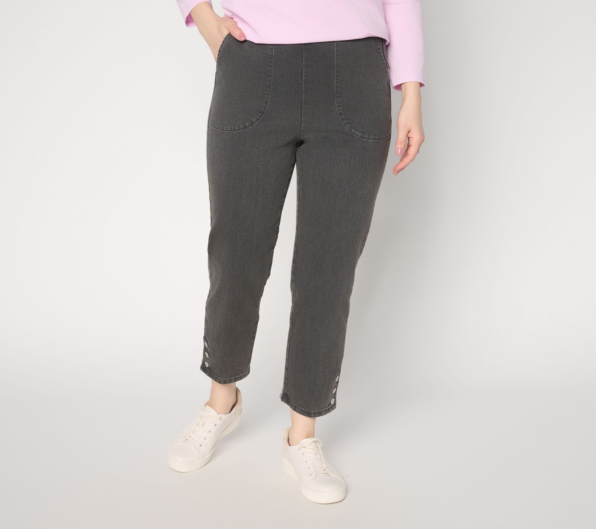 Denim & Co. Regular Black Flat Front Side Pocket Crop Pants w/ Snaps