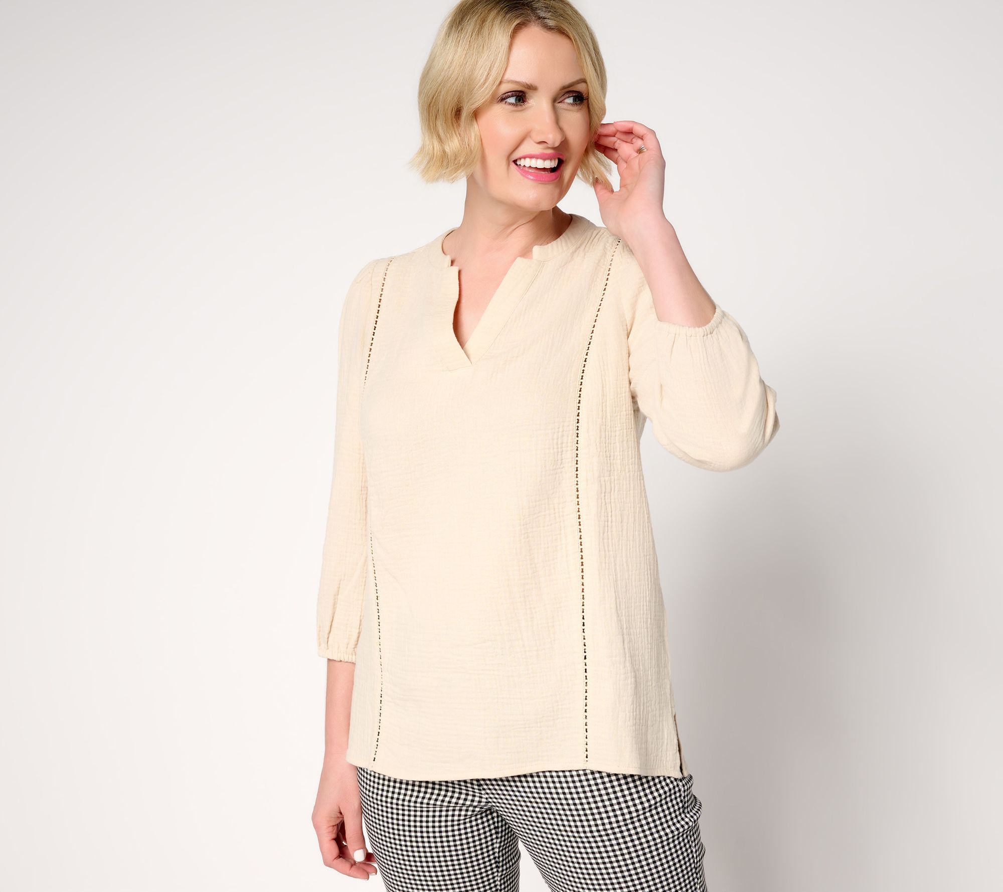 "As Is" Belle Beach by Kim Gravel 100% Cotton Gauze Ladder Lace Top