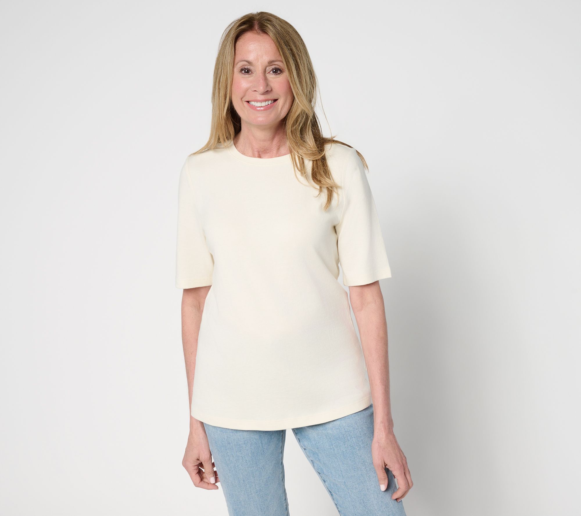 "As Is" Denim & Co. Essentials True Cotton Elbow Sleeve Crew Neck Top