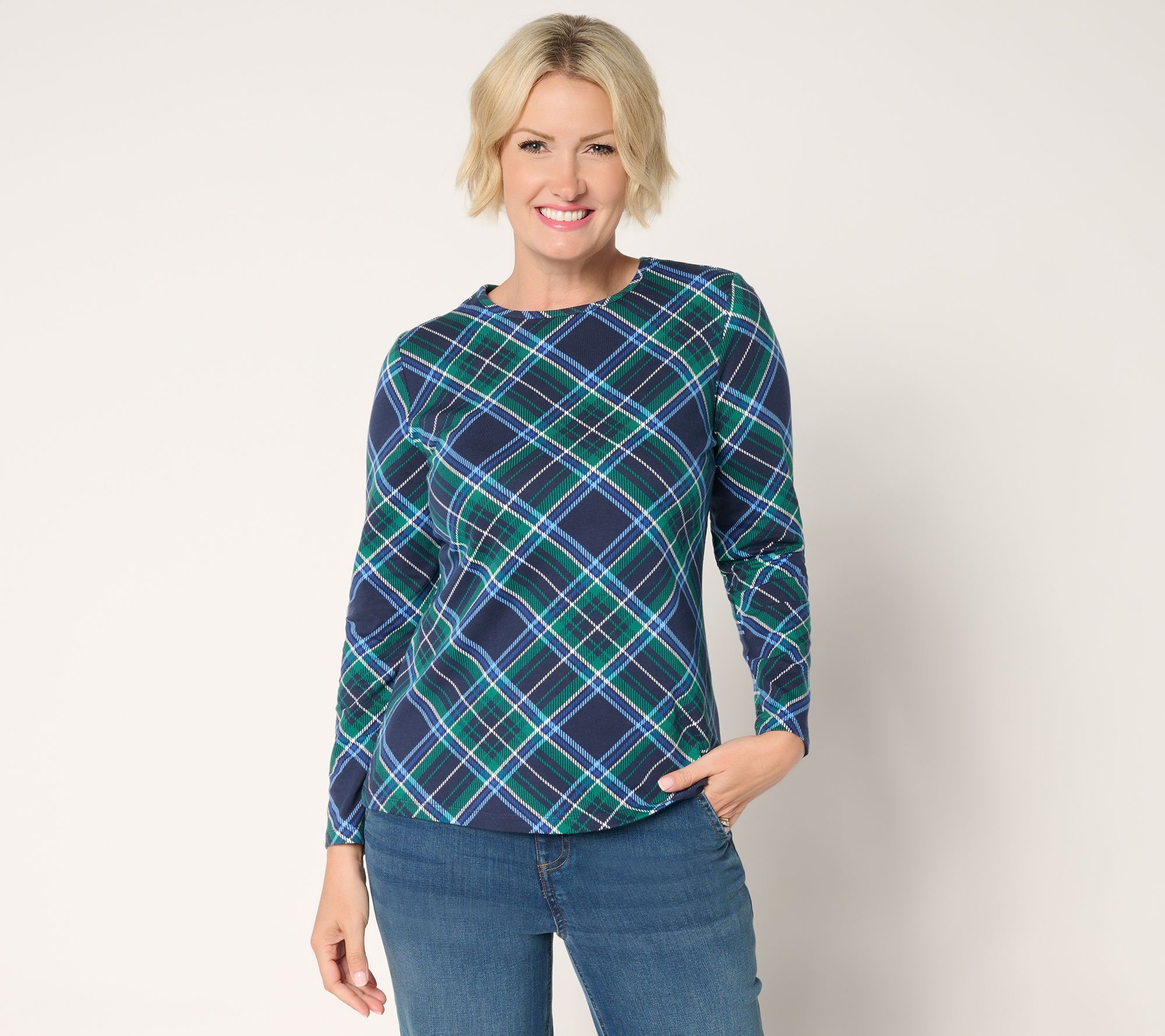 "As Is" Denim & Co. Plaid Perfect Jersey Crew Neck Top