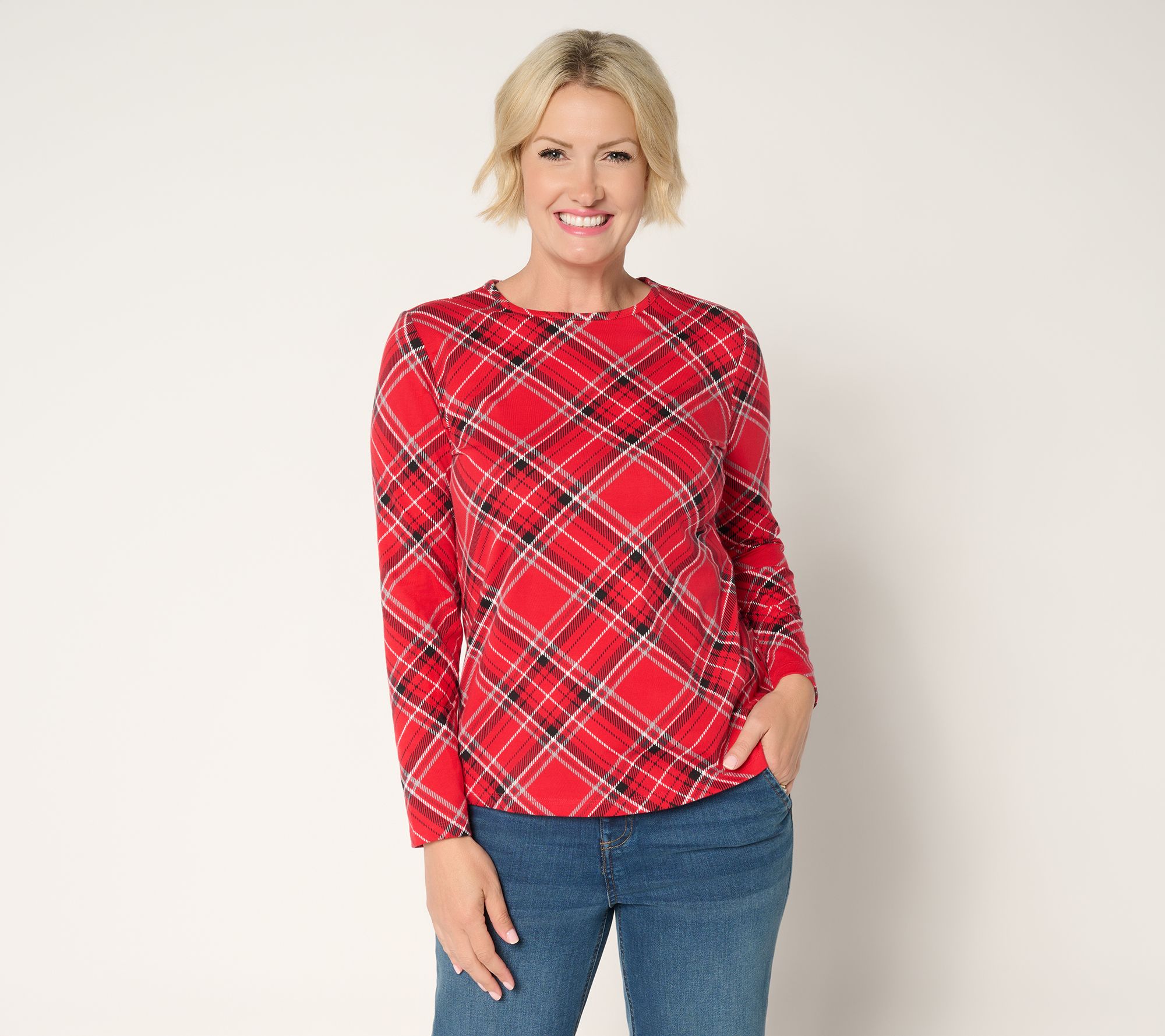 "As Is" Denim & Co. Plaid Perfect Jersey Crew Neck Top