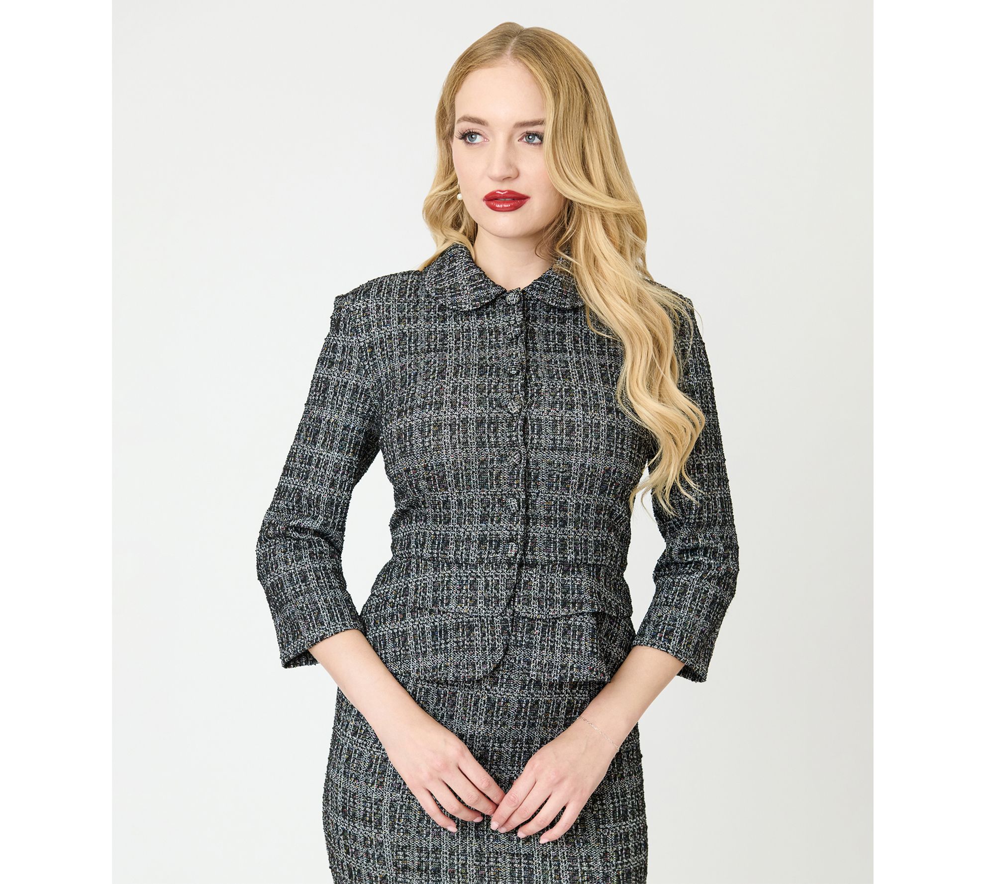 Unique Vintage Black & White Plaid Boucle Peplum Jacket