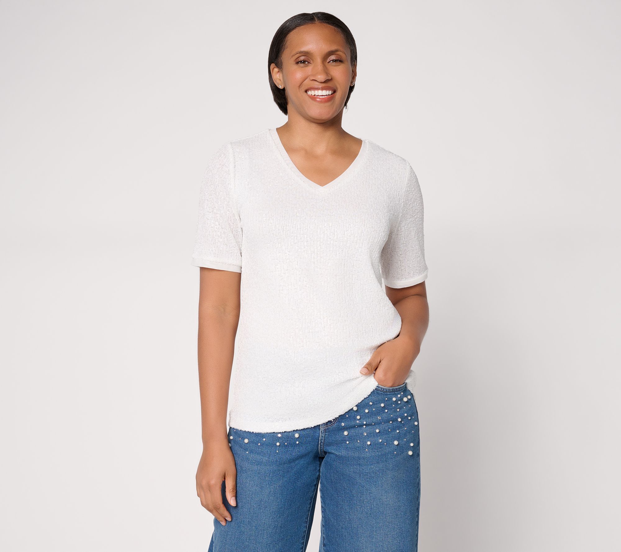 "As Is" Dennis Basso Mesh Lined V-Neck Sequin Tee