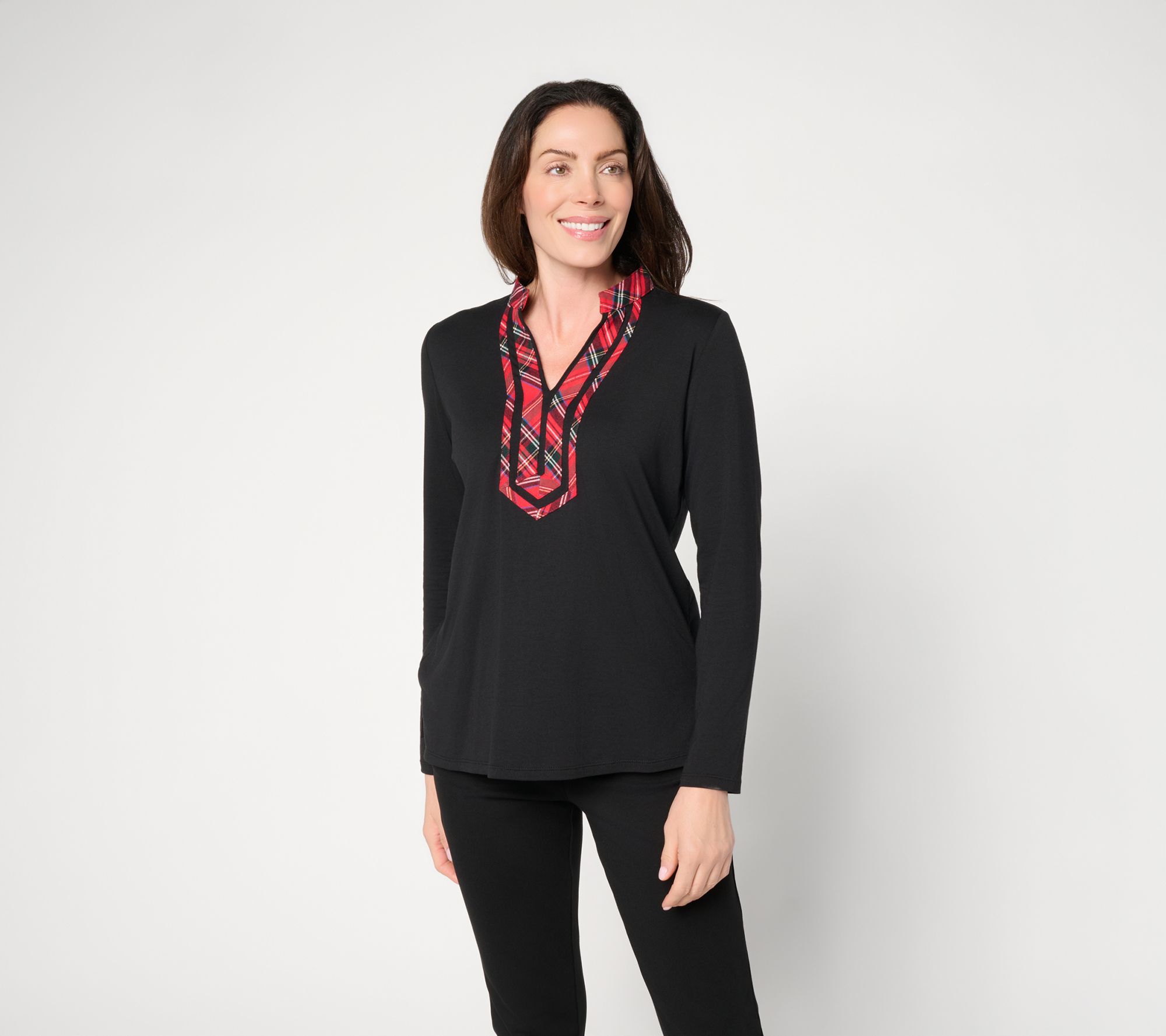 Belle by Kim Gravel TripleLuxe Knit Tartan Trim Top