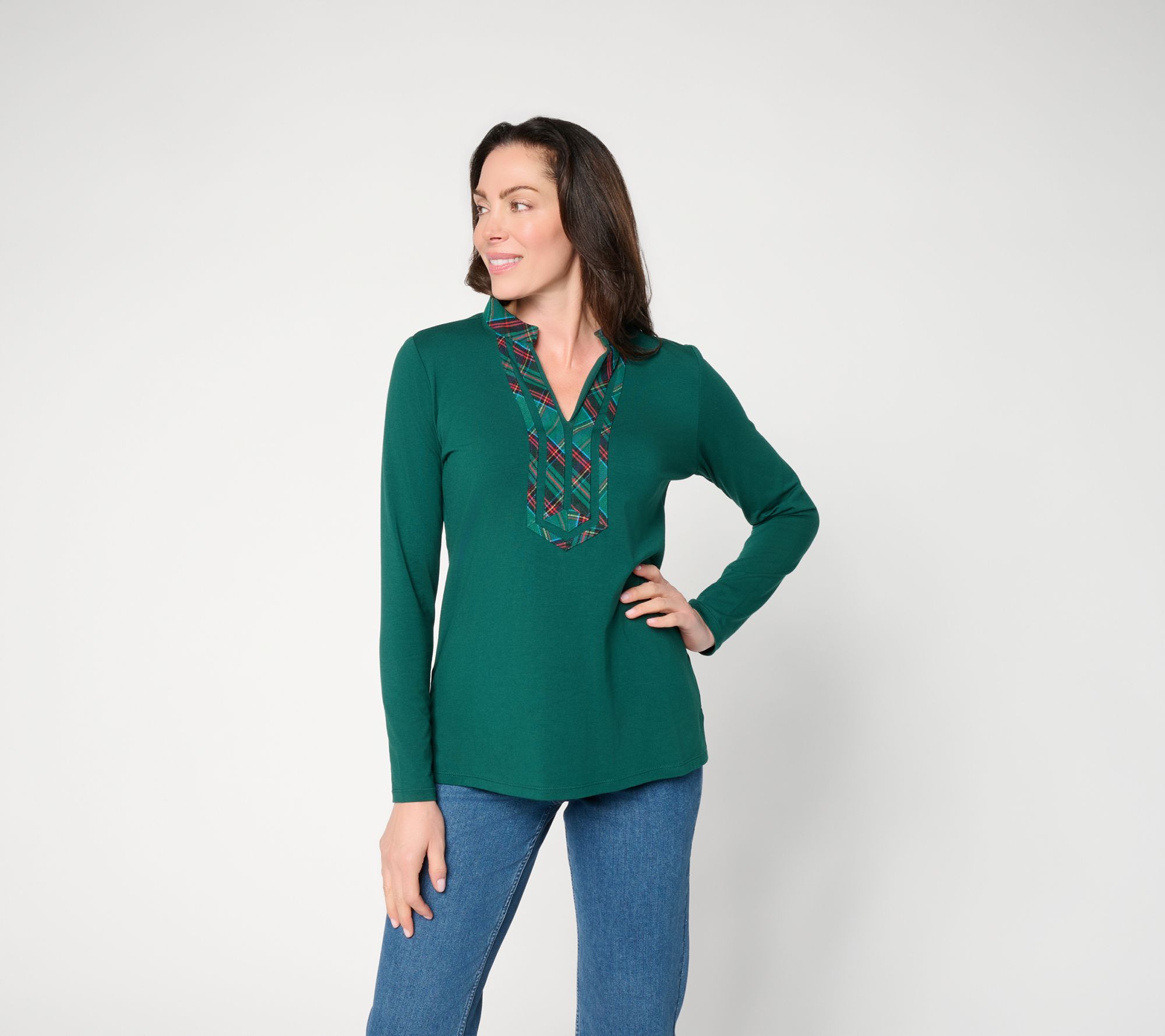 Belle by Kim Gravel TripleLuxe Knit Tartan Trim Top