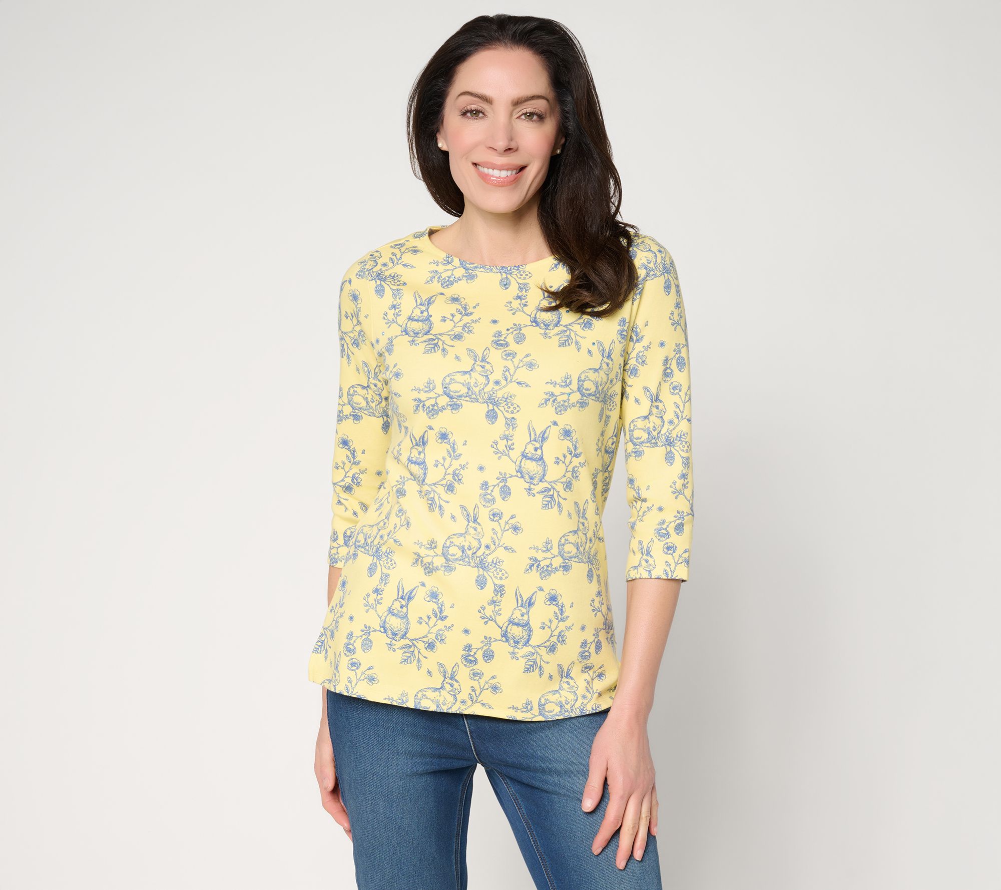 "As Is" Quacker Factory Bunny Hop Toile Printed Mini Boat Neck Top