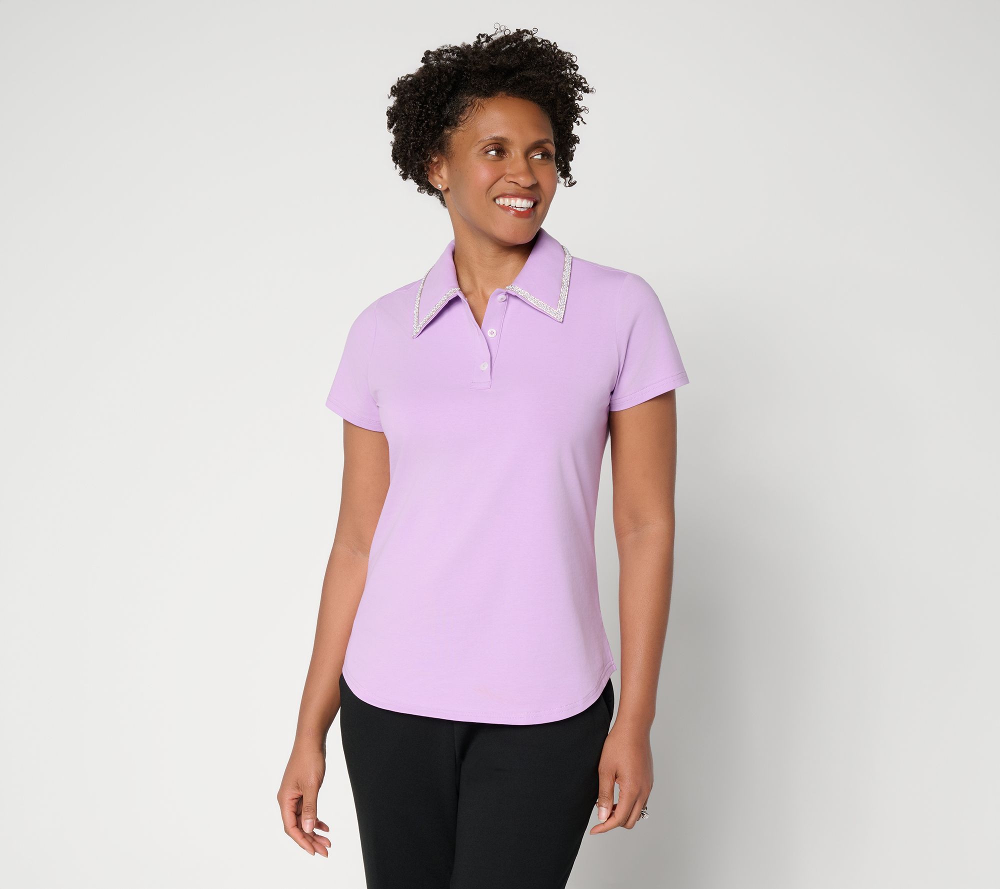 "As Is" by Stacy London Jeweled Collar Jersey Polo