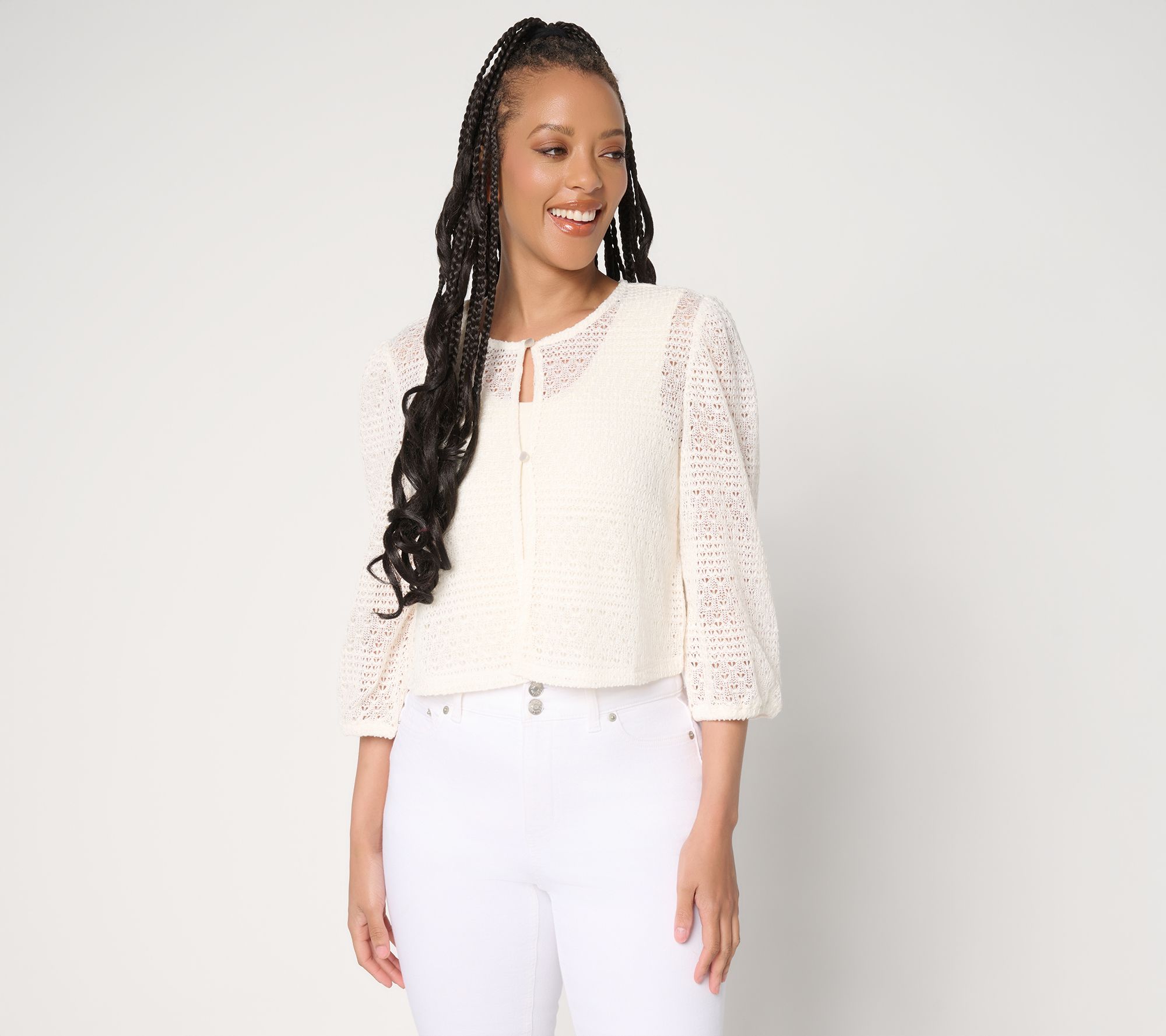 "As Is" Denim & Co. Beach Fauxchet 3/4- Sleeve Topper