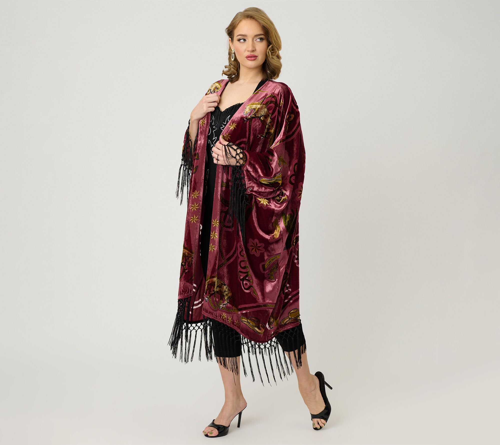 Unique Vintage Burgundy Western Burnout VelvetFringe Kimono