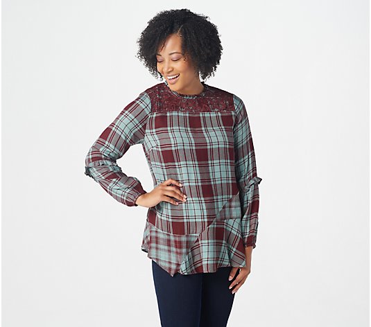 LOGO Lavish by Lori Goldstein Woven Plaid Blouse with Lace Detail