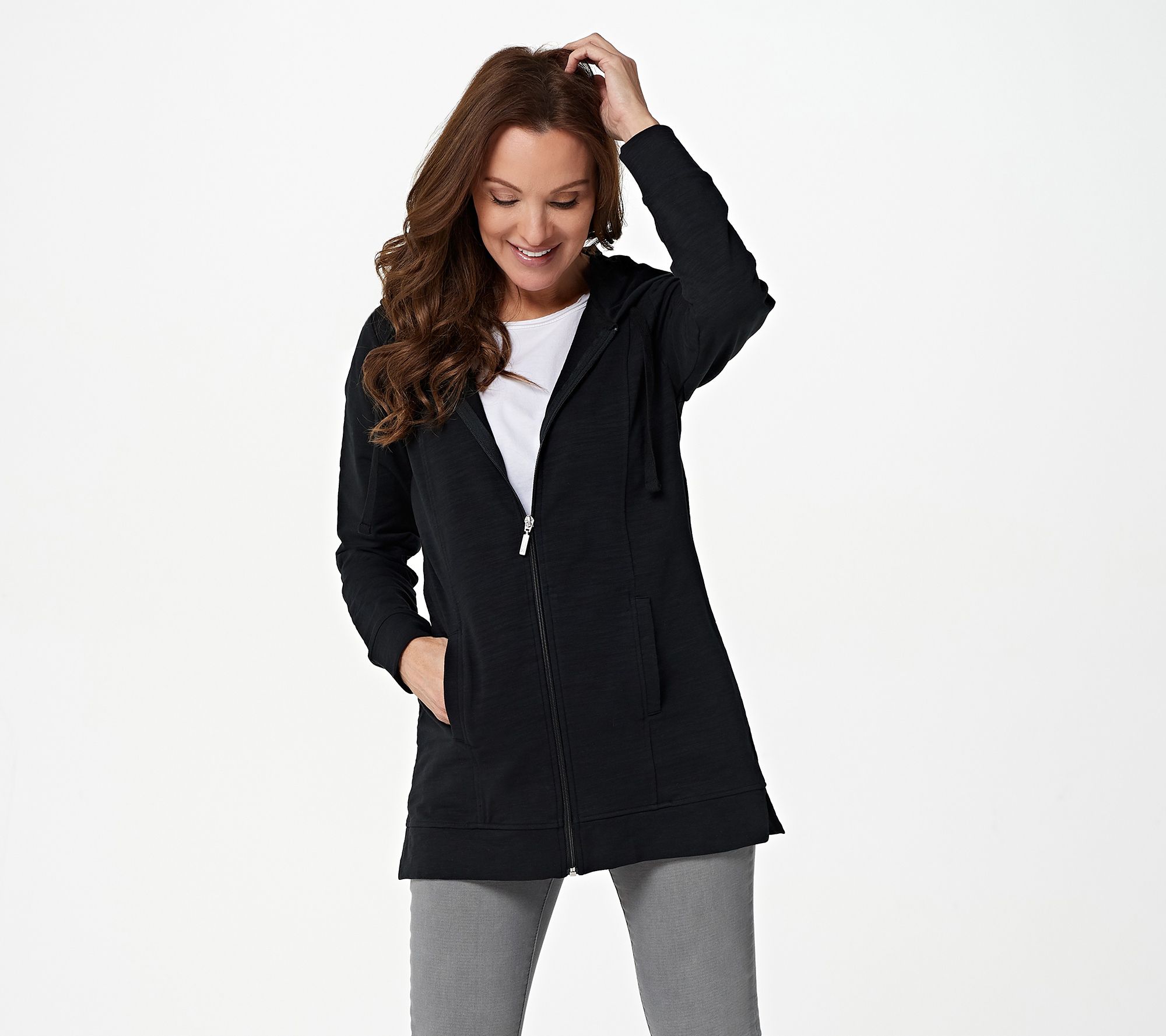 Denim & Co. Active Petite Textured French Terry Zip-Front Tunic Jacket ...