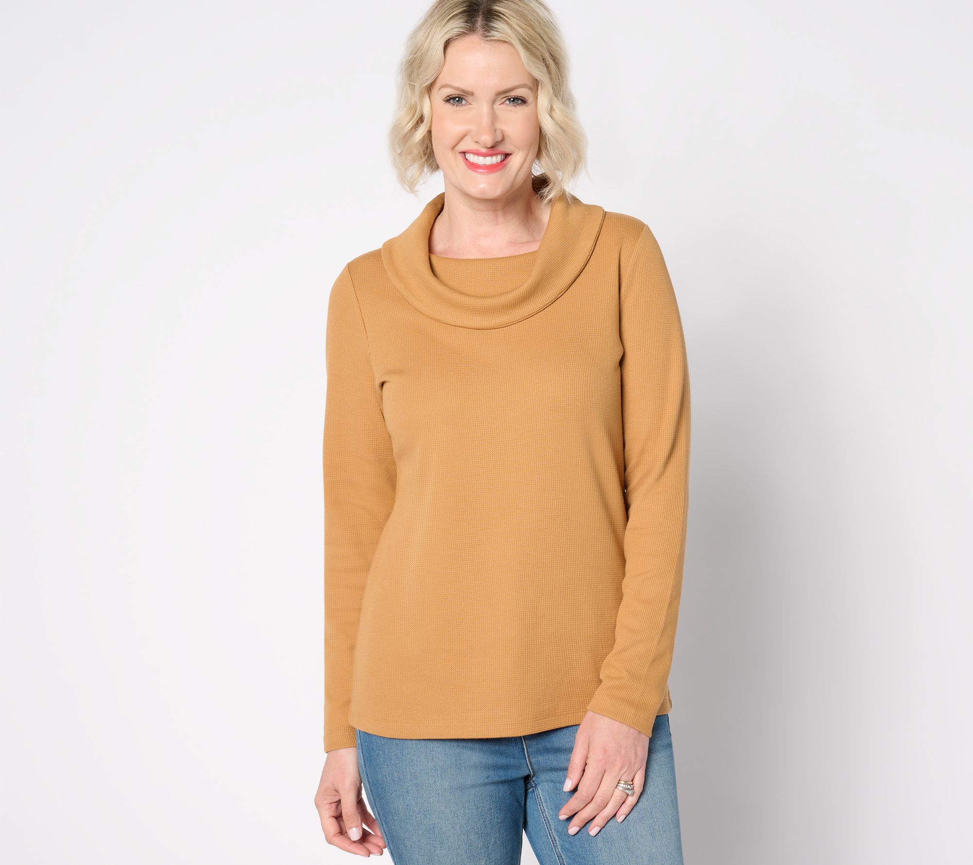 Denim & Co. Essentials Waffle Knit Long-Sleeve Cowl Neck Top