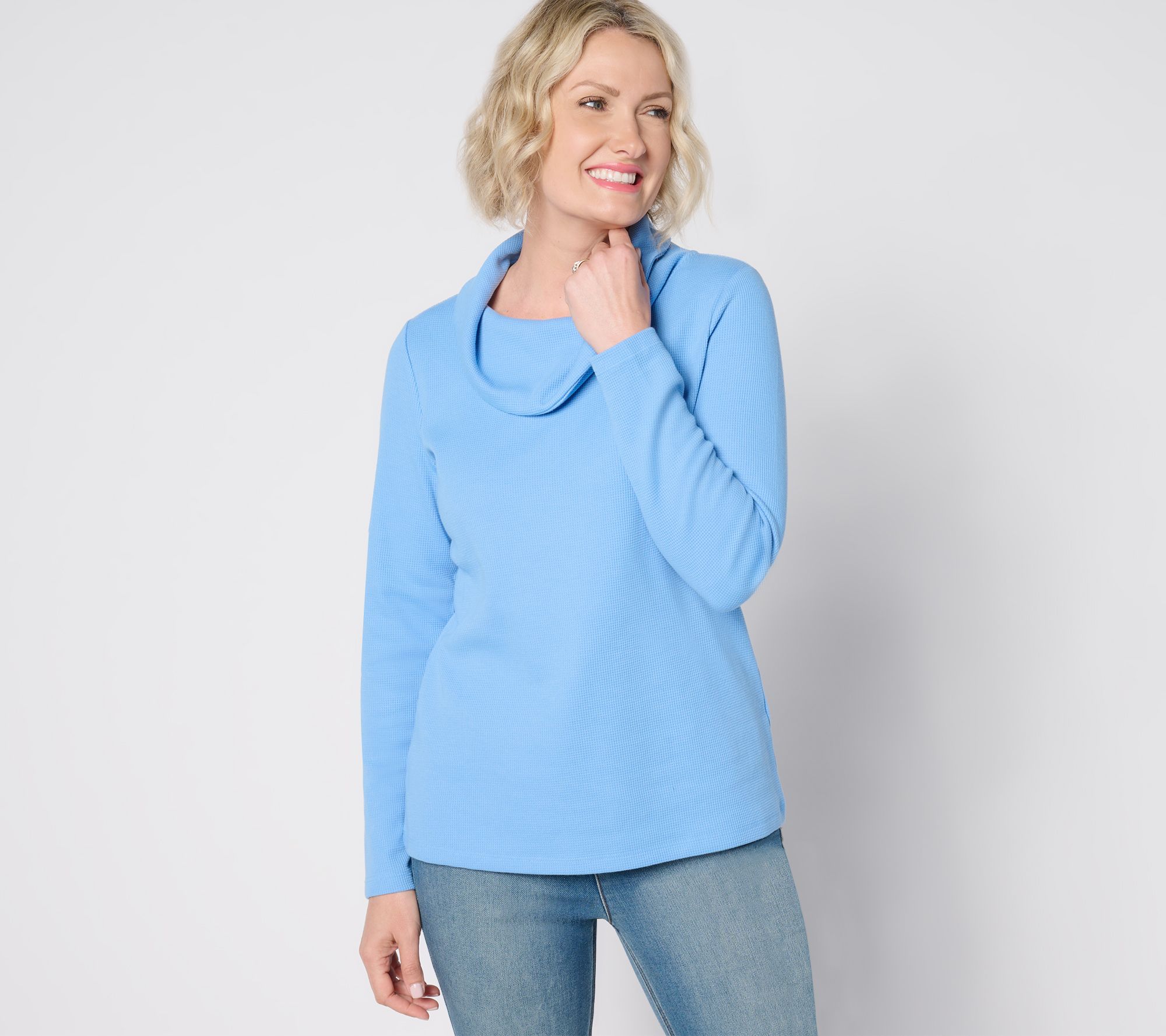 Denim & Co. Essentials Waffle Knit Long-Sleeve Cowl Neck Top