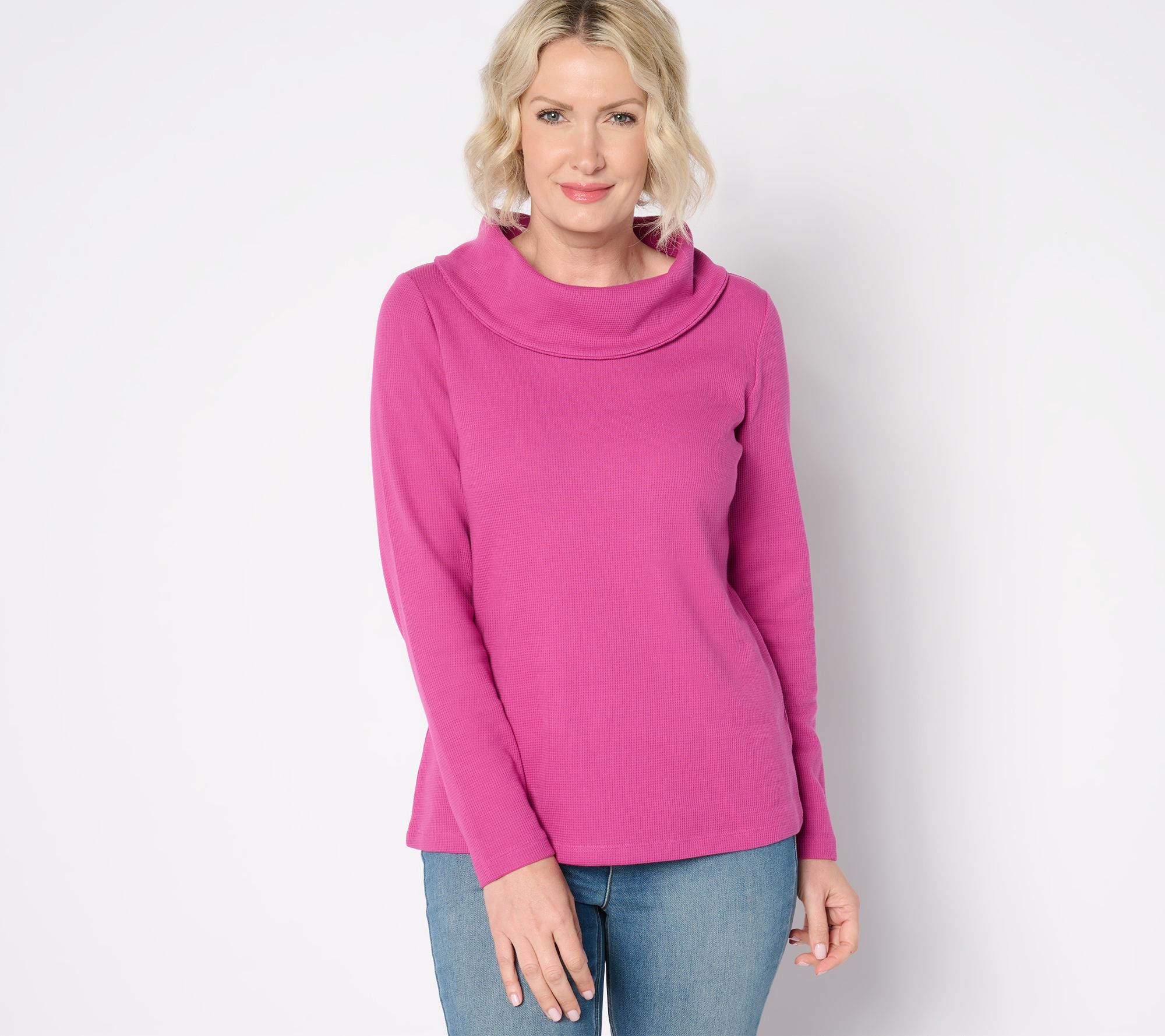 Denim & Co. Essentials Waffle Knit Long-Sleeve Cowl Neck Top