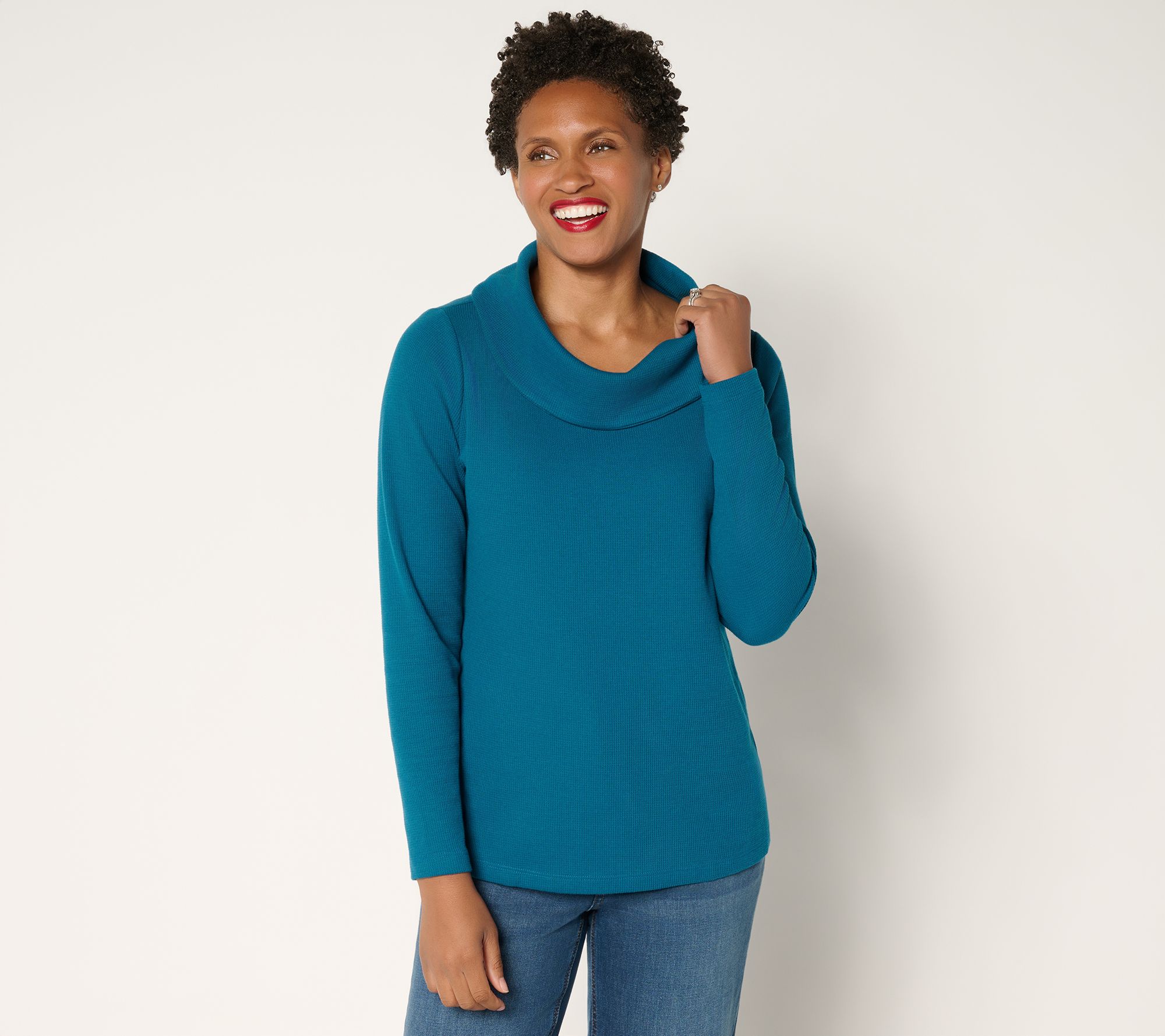 Denim & Co. Essentials Waffle Knit Long-Sleeve Cowl Neck Top