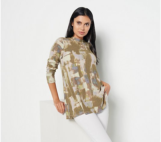 LOGO Lounge by Lori Goldstein Abstract Print Cloud Waffle Mock Neck Top