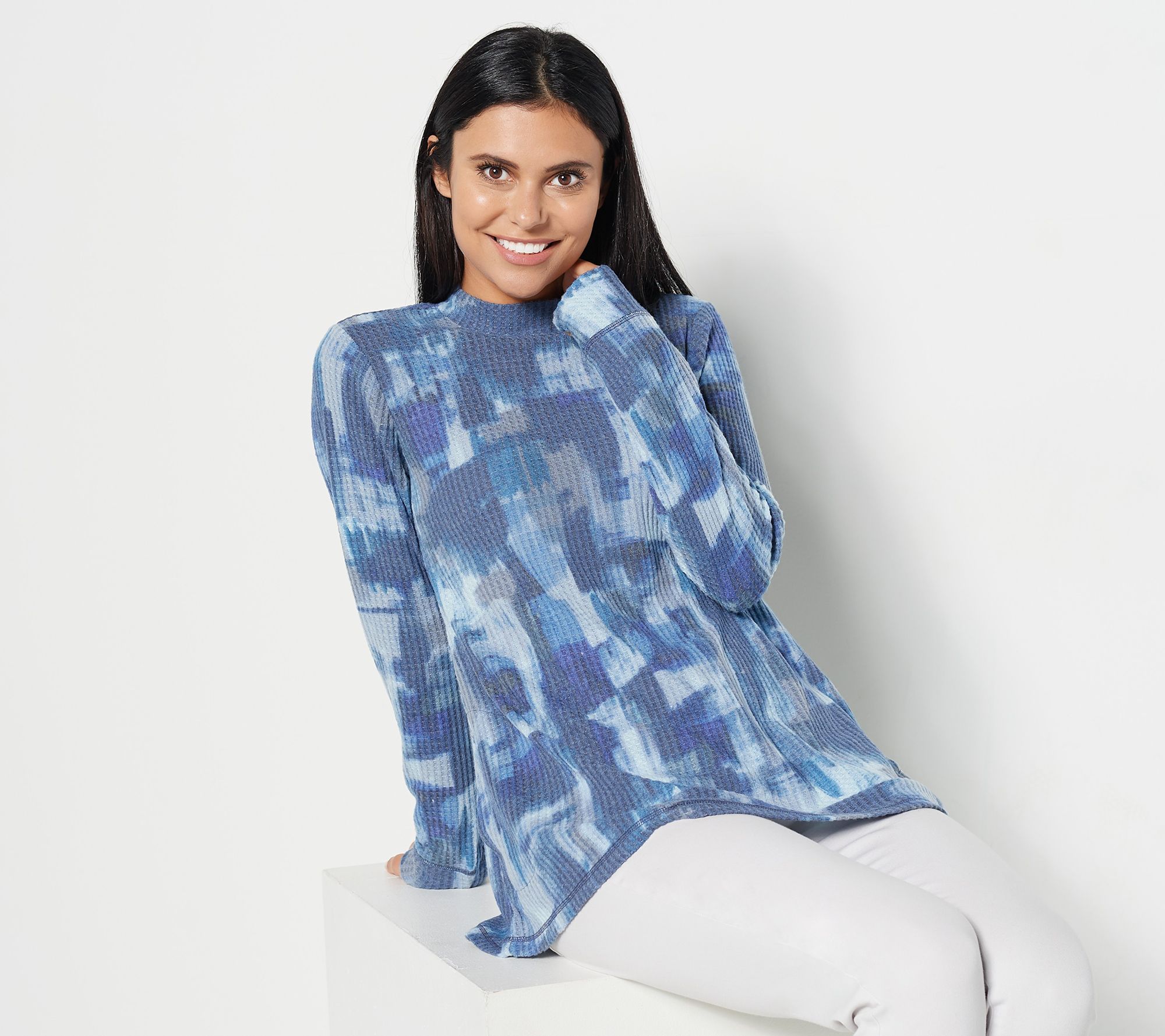 LOGO Lounge by Lori Goldstein Abstract Print Cloud Waffle Mock Neck Top