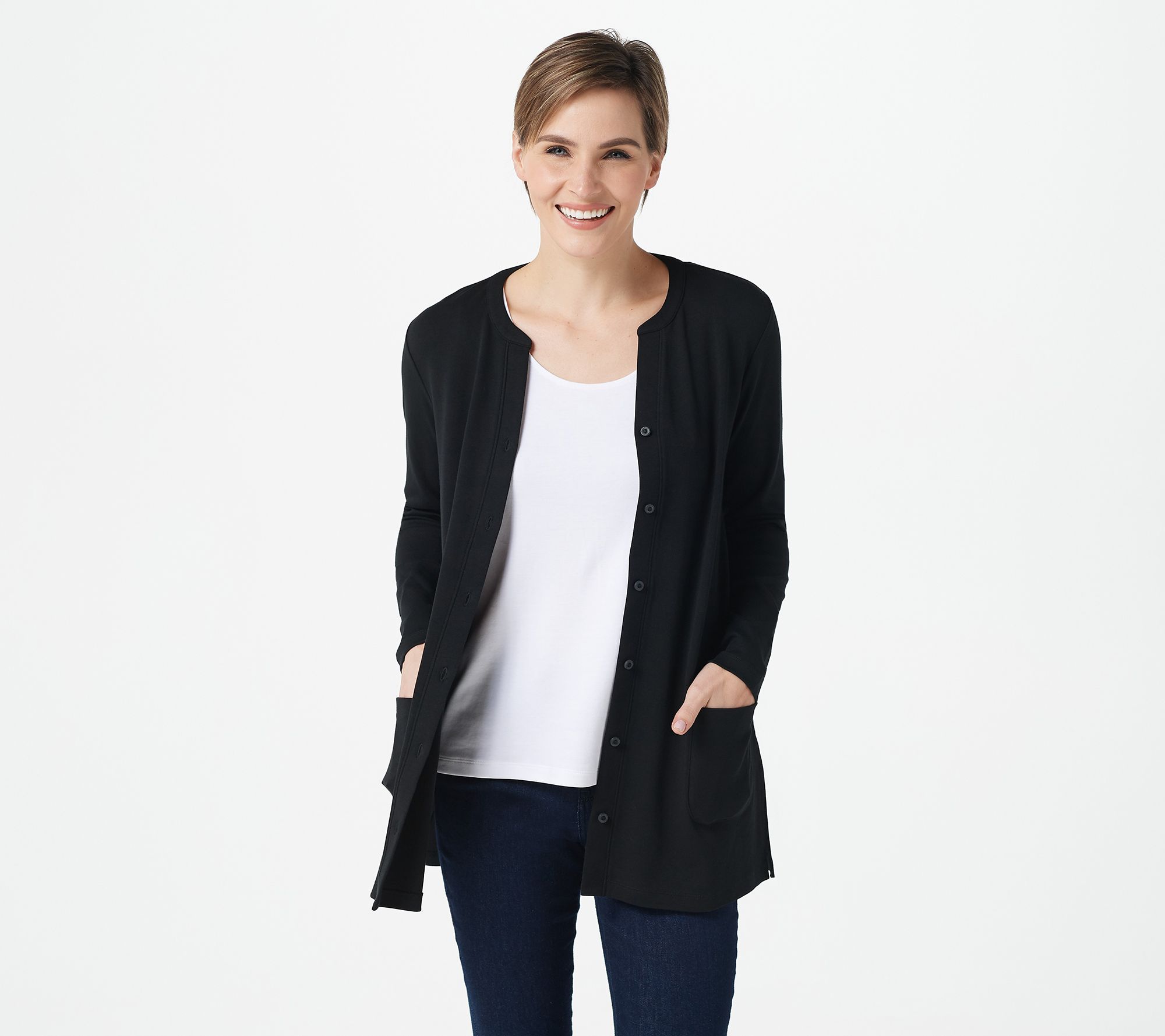 "As Is" Isaac Mizrahi Live! Essentials Pima Y-Neck Button Front Topper