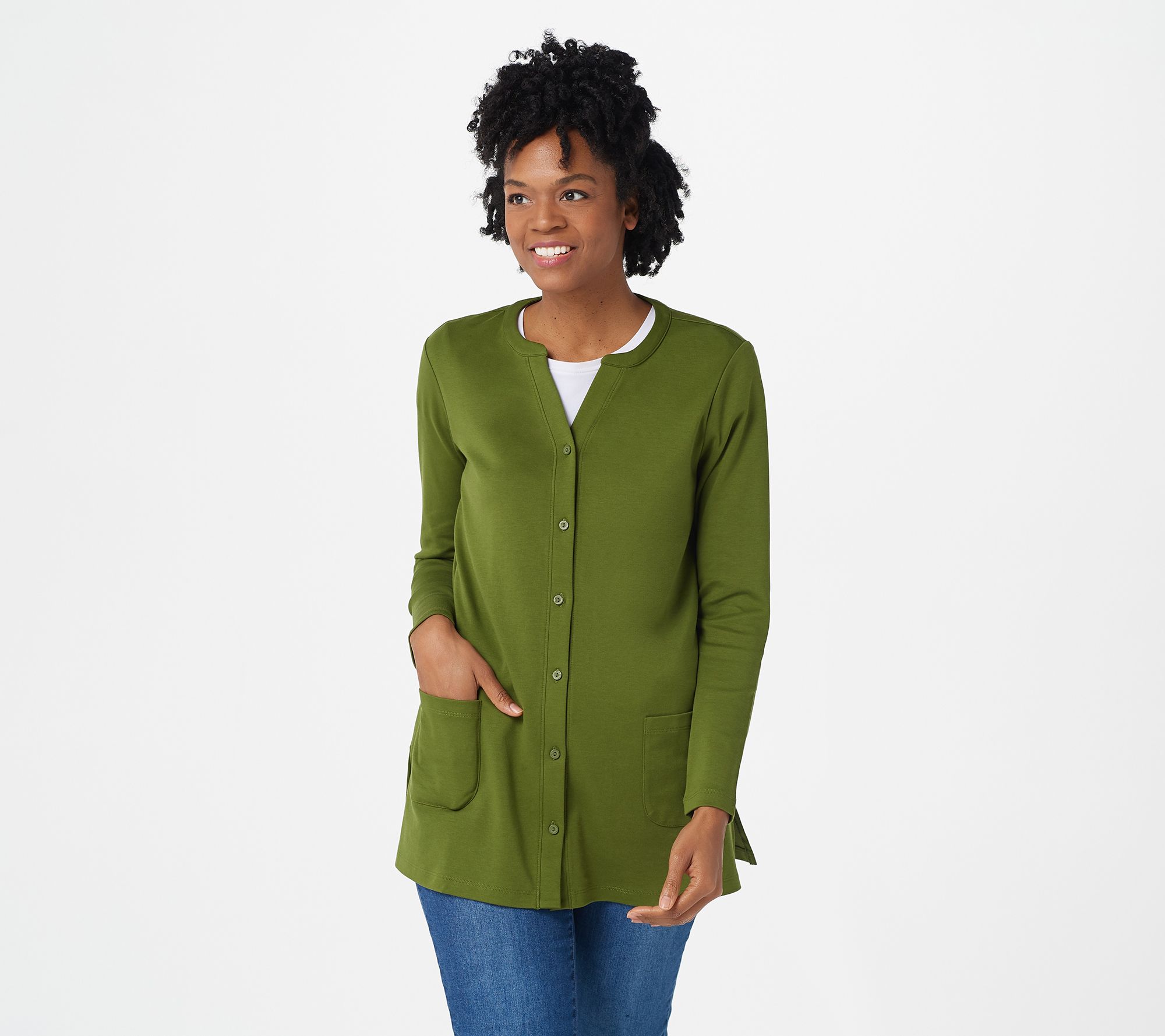 "As Is" Isaac Mizrahi Live! Essentials Pima Y-Neck Button Front Topper