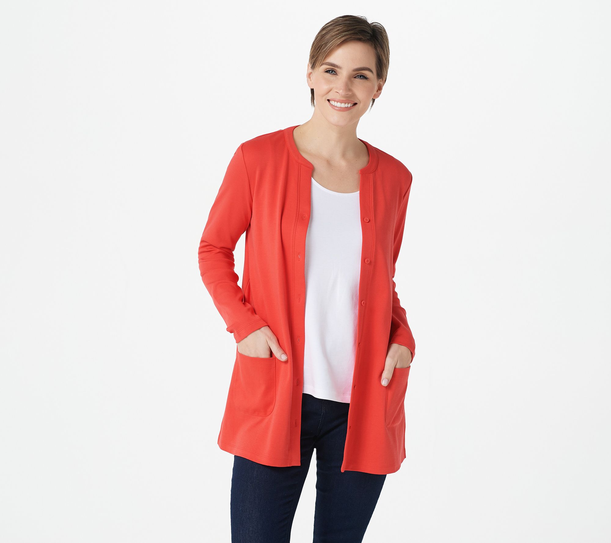 "As Is" Isaac Mizrahi Live! Essentials Pima Y-Neck Button Front Topper