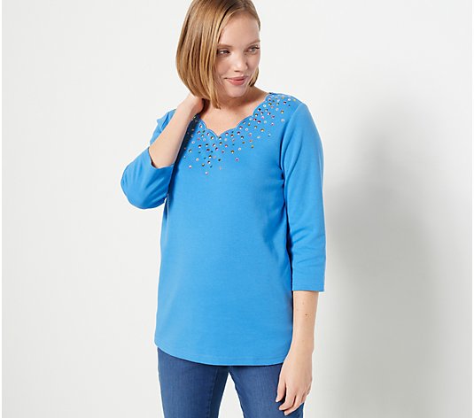 Quacker Factory Sparkle Scallop V-Neck Top with 3/4-Sleeves