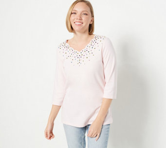 Quacker Factory Sparkle Scallop V-Neck Top with 3/4-Sleeves - A468901